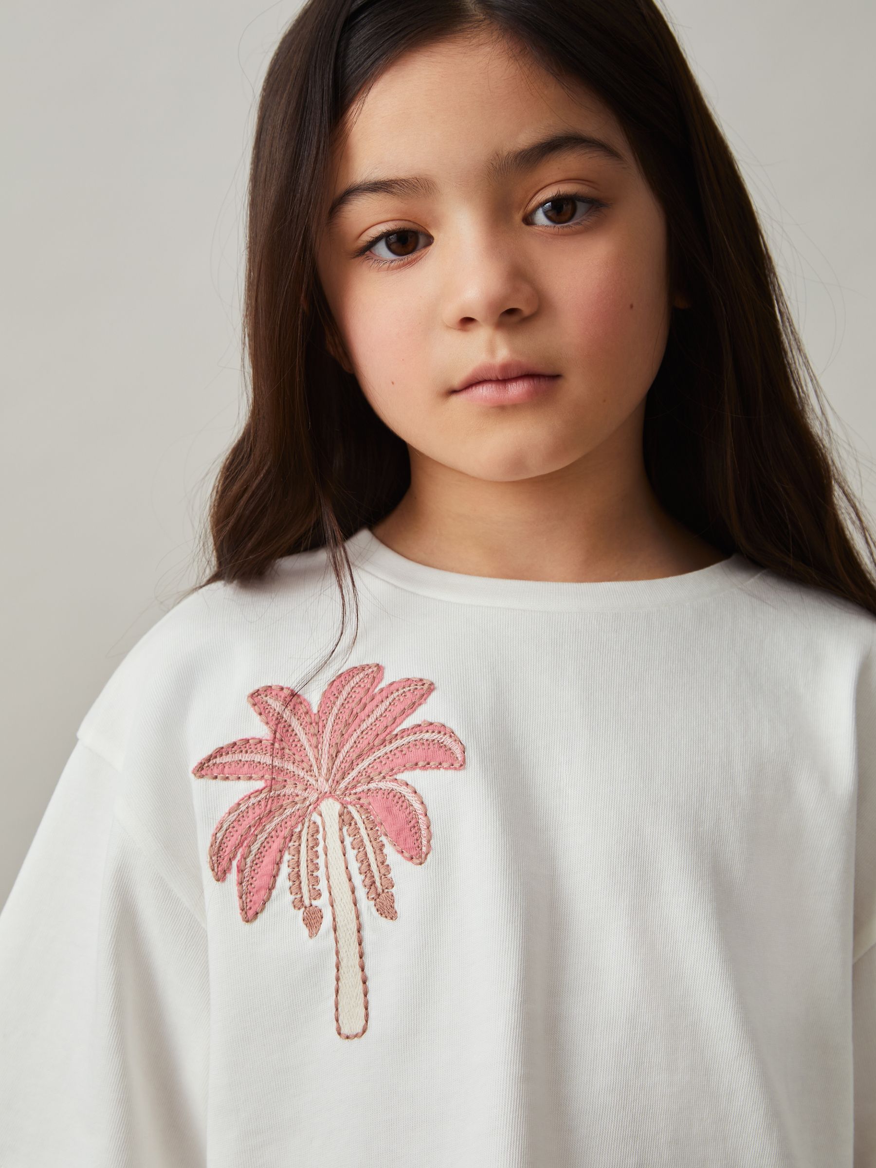 13-14 yrs Cotton Palm Tree Cropped T-Shirt in Ivory