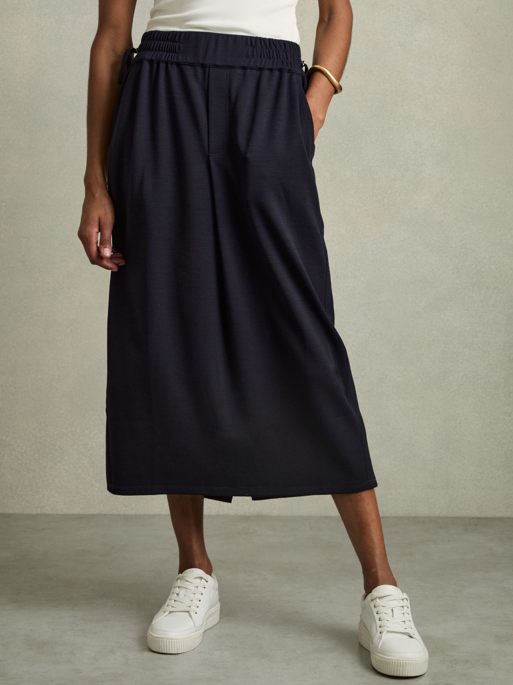 Wool-Blend Ruched Jersey Midi Skirt in Navy
