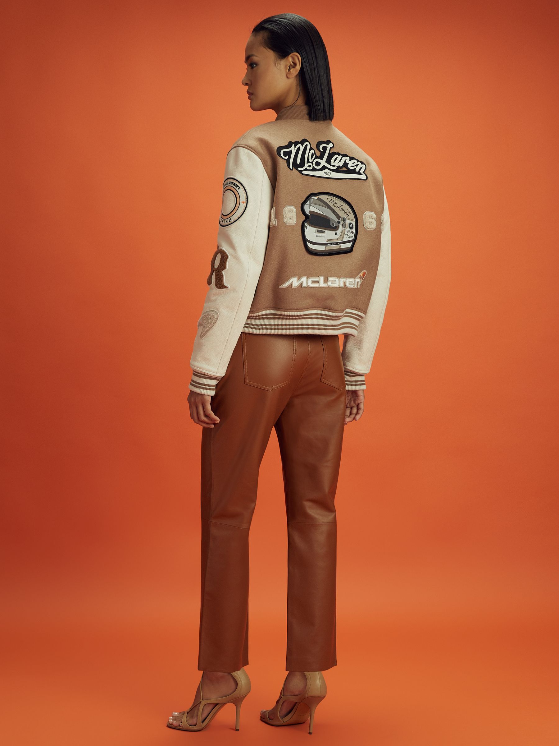 McLaren F1 Leather Varsity Jacket in Camel/Ecru