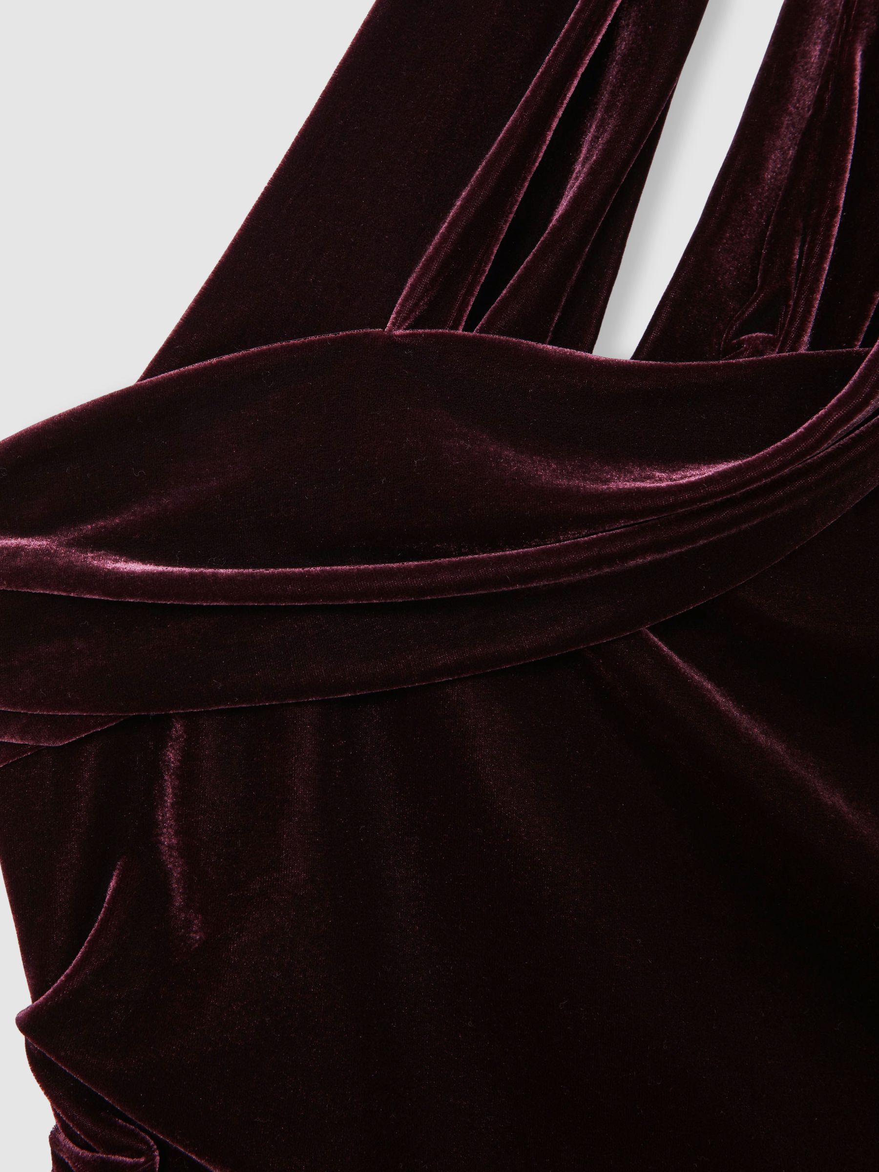 Velvet One-Shoulder Midi Dress in Burgundy