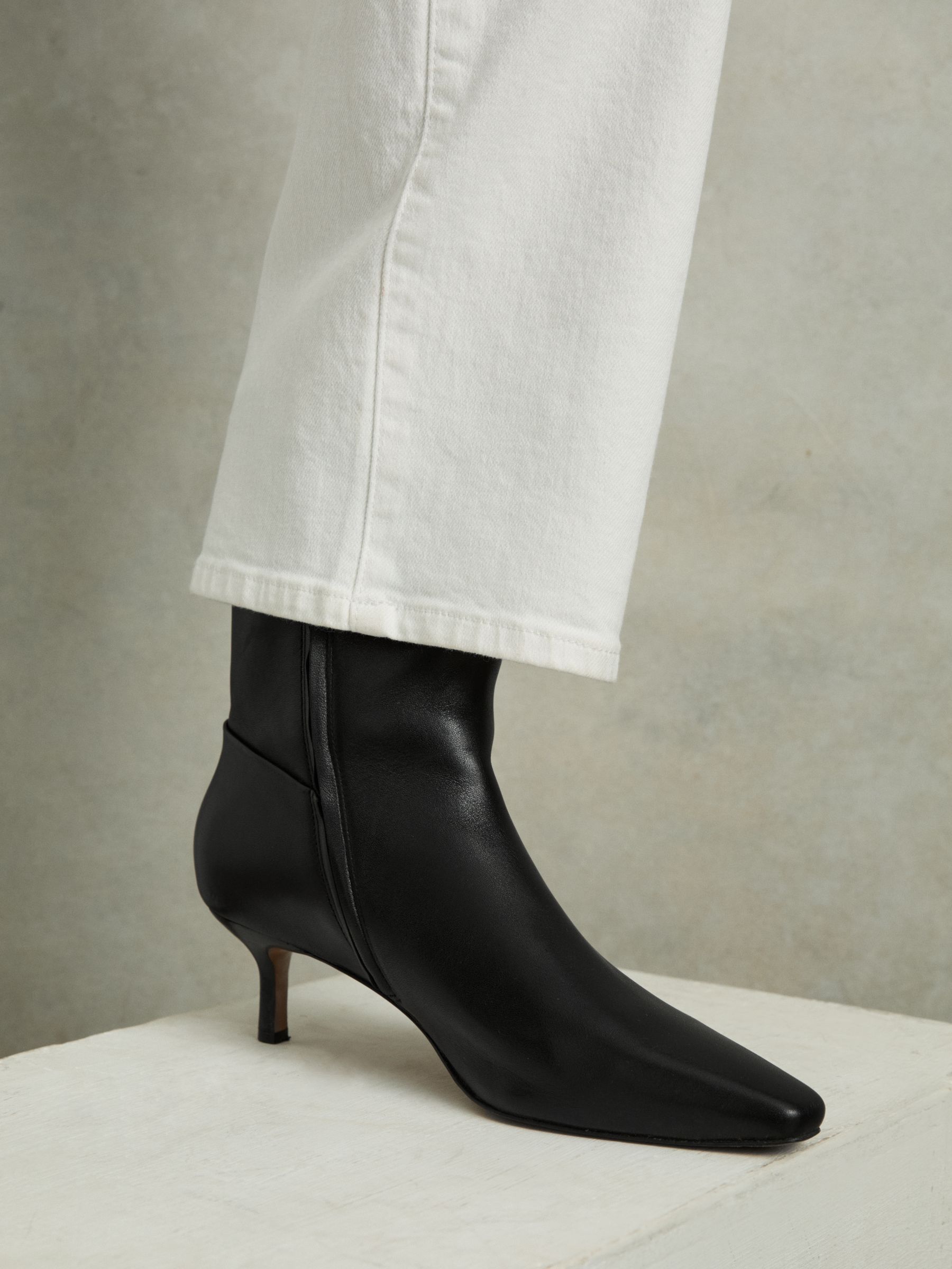 Leather Kitten-Heel Ankle Boots in Black