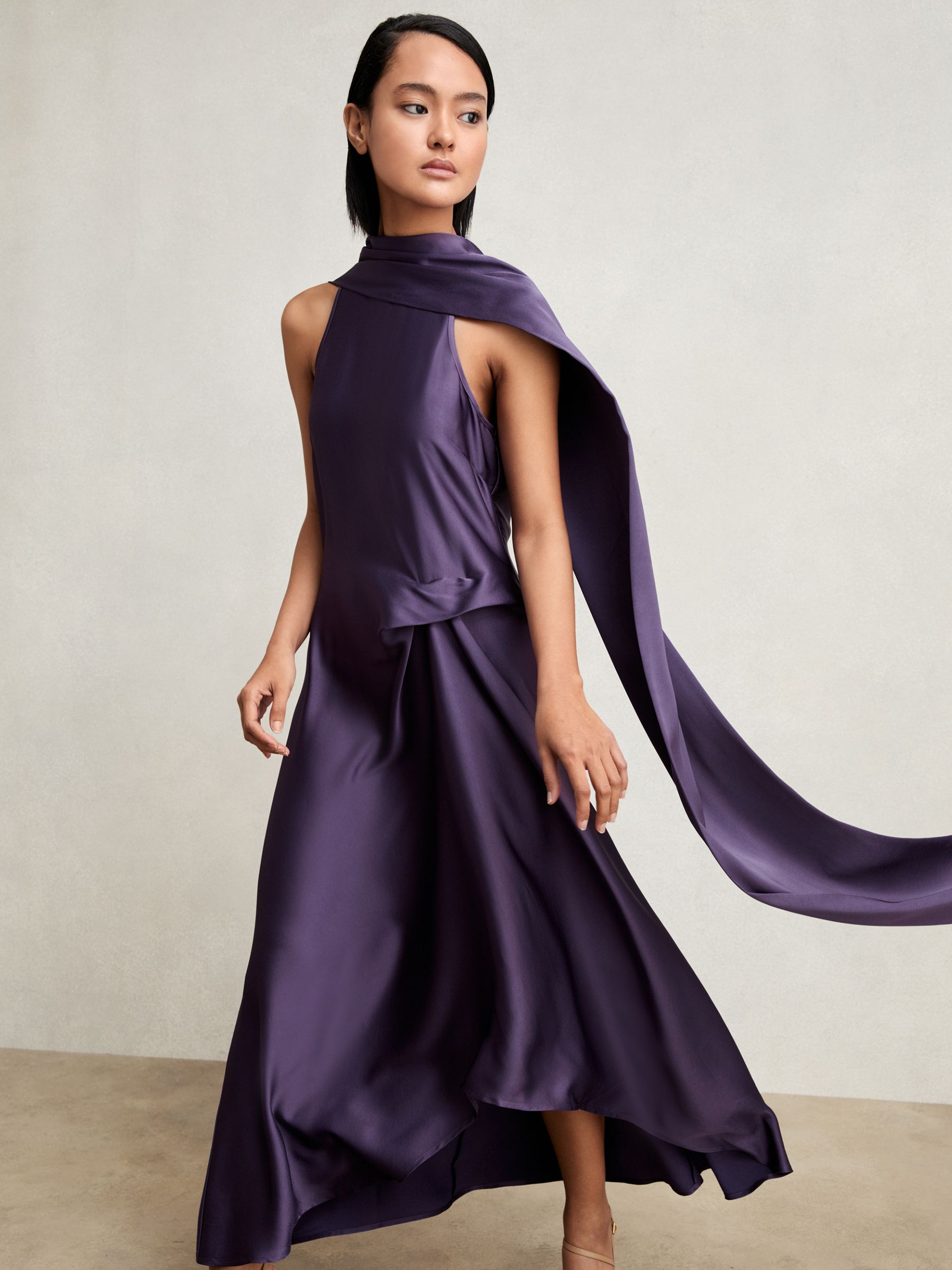Satin Tuck-Detail Cape Midi Dress in Purple