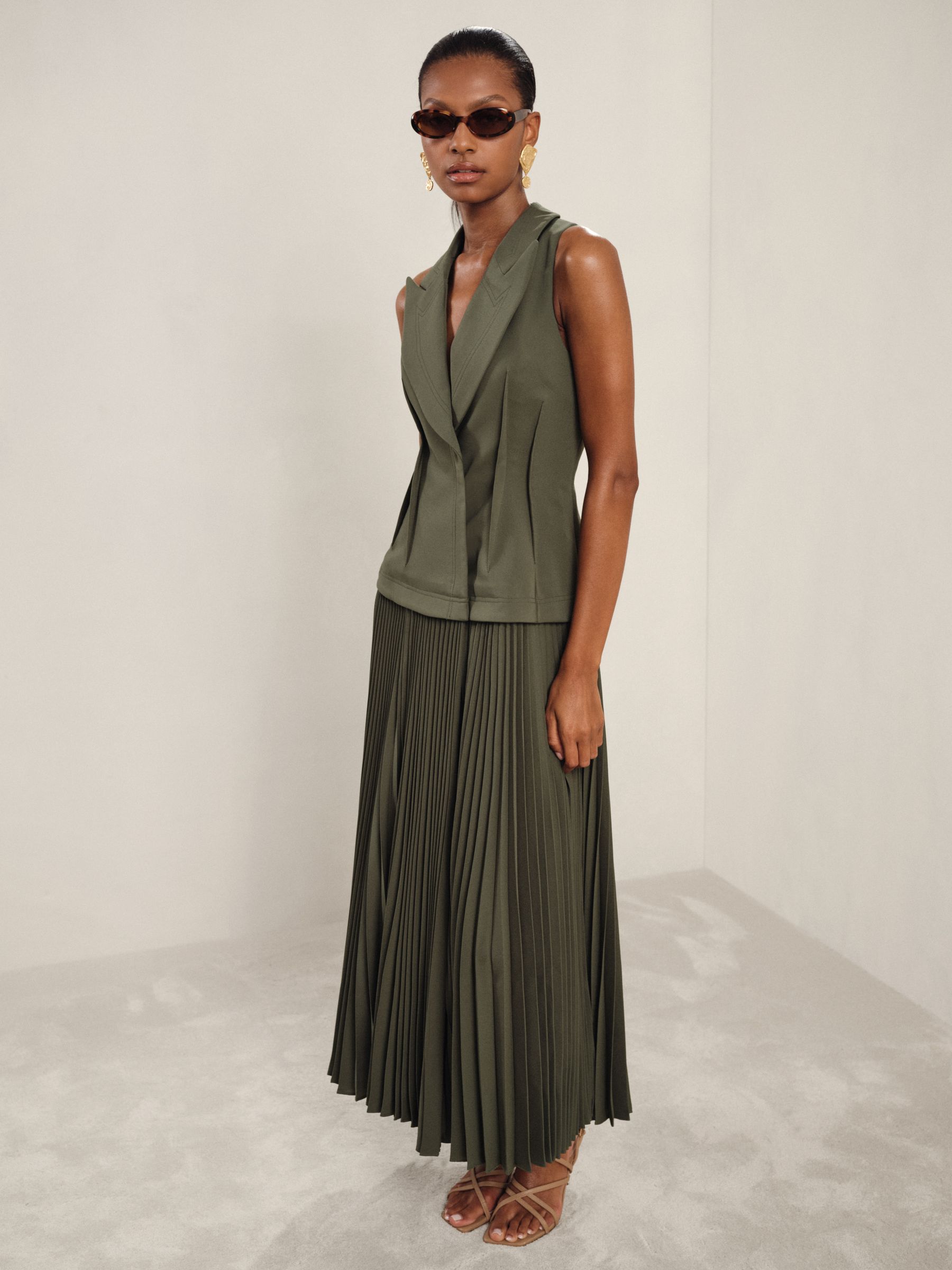 Acler Dark Olive Green Waistcoat Bodice Pleated Dress in Dark Olive Green