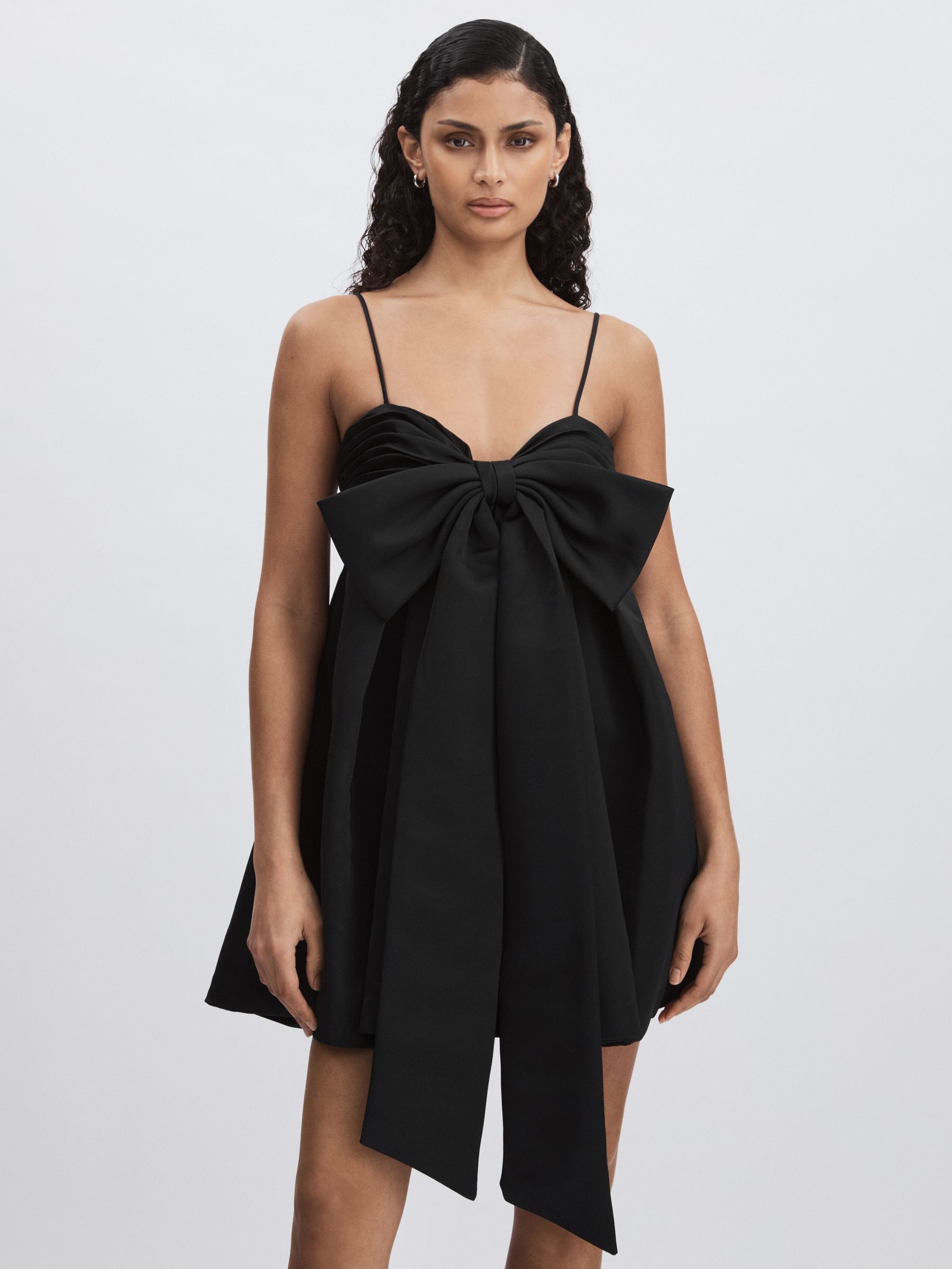 Amur Satin Babydoll Bow Dress in Black