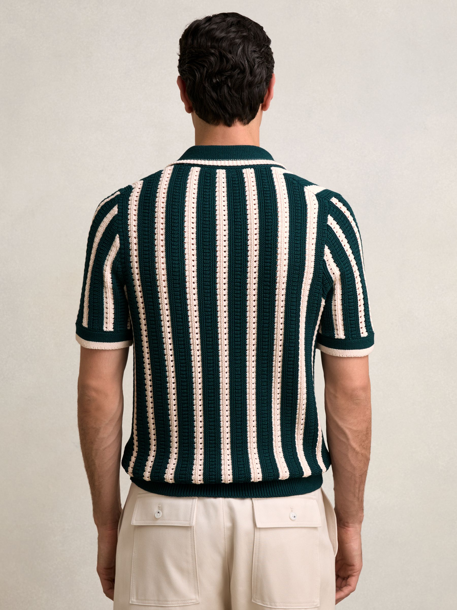 Cotton Blend Stripe Knit Polo Shirt in Dark Teal Green/Ecru