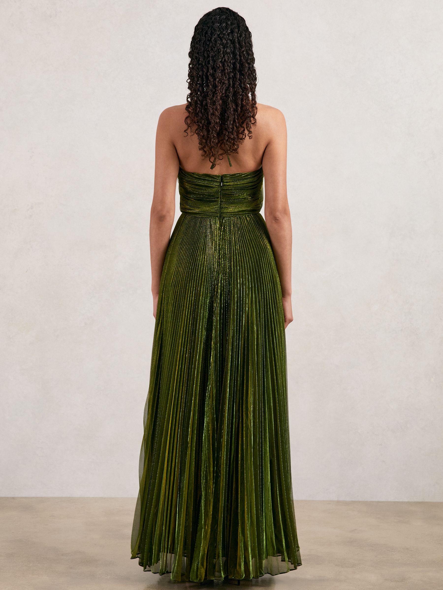 Halston Metallic Pleated Maxi Dress in Dark Olive Green