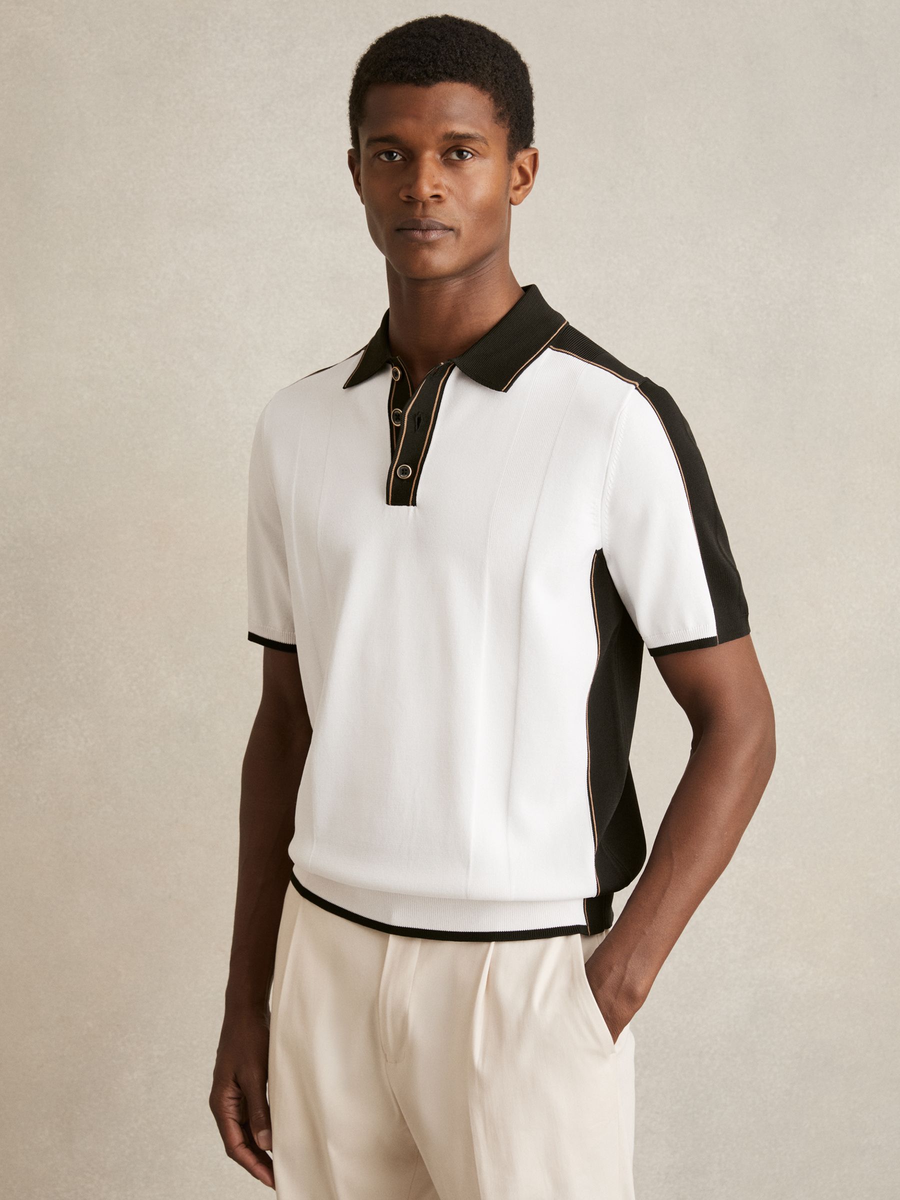 Colour-Block Knit Polo Shirt in Optic White/Green