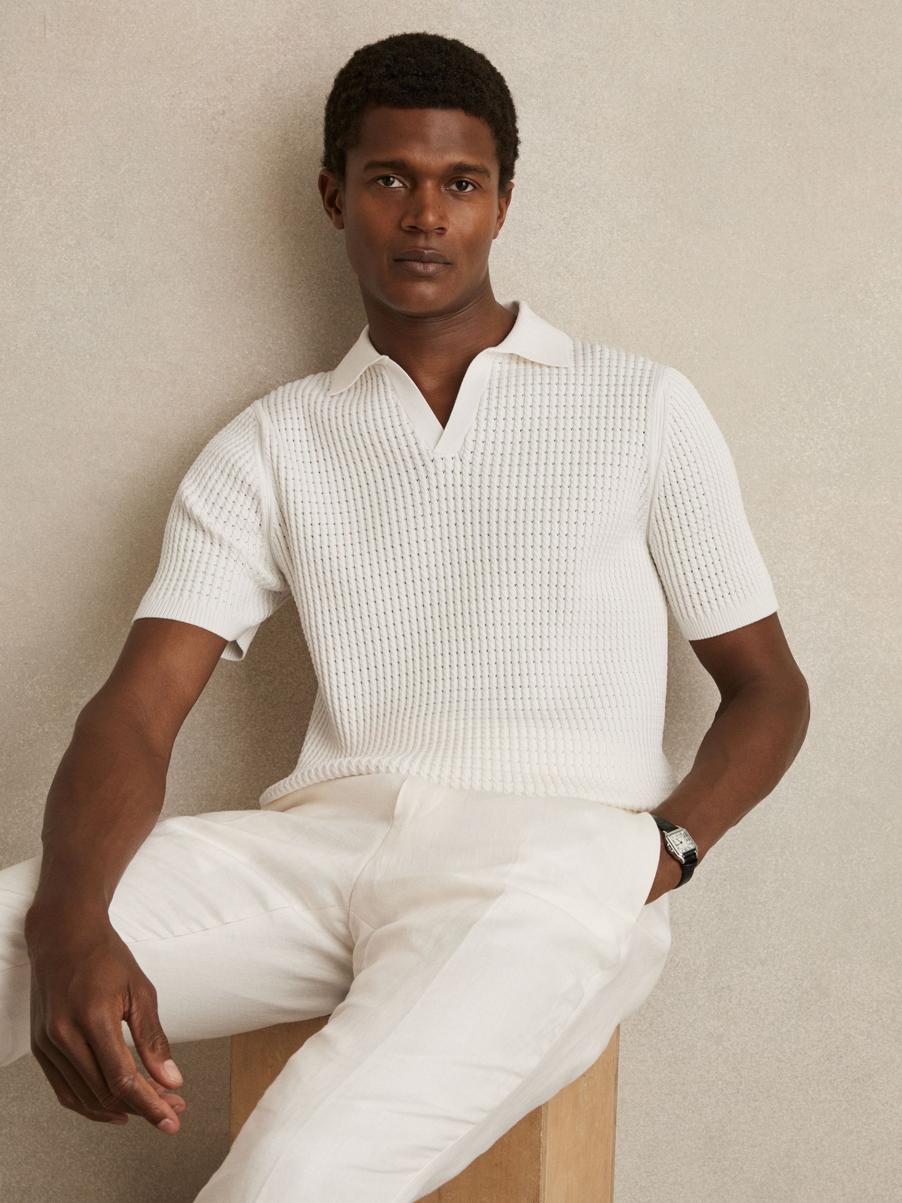 Micro-Cable Open-Collar Cotton-Blend Shirt in White