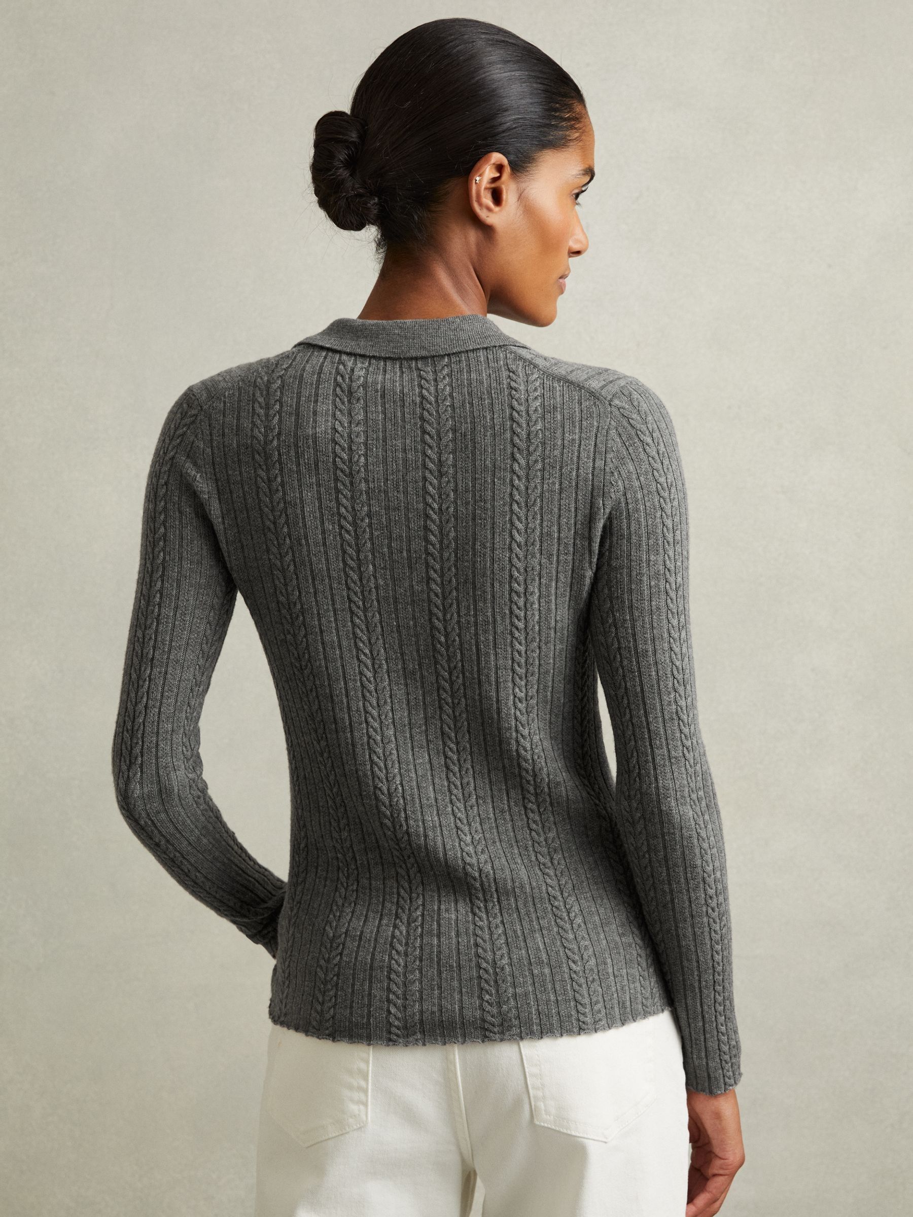 Wool Cable Knit Polo Neck Jumper in Charcoal