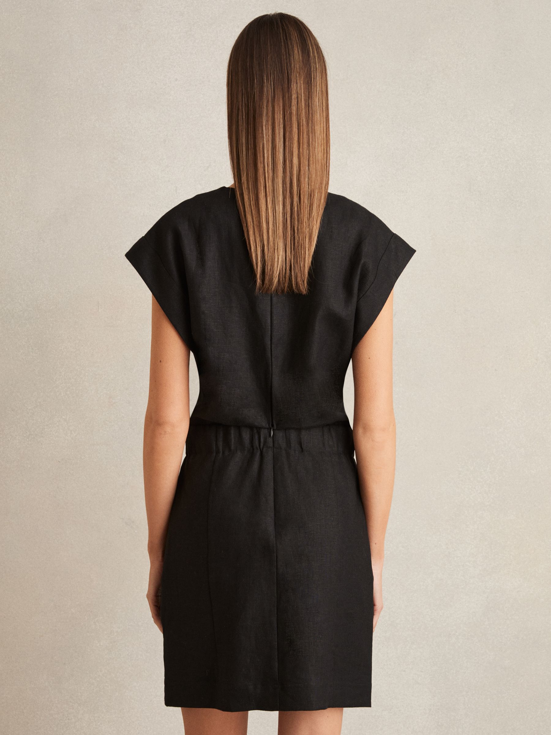 Linen Short Sleeve Mini Dress in Black