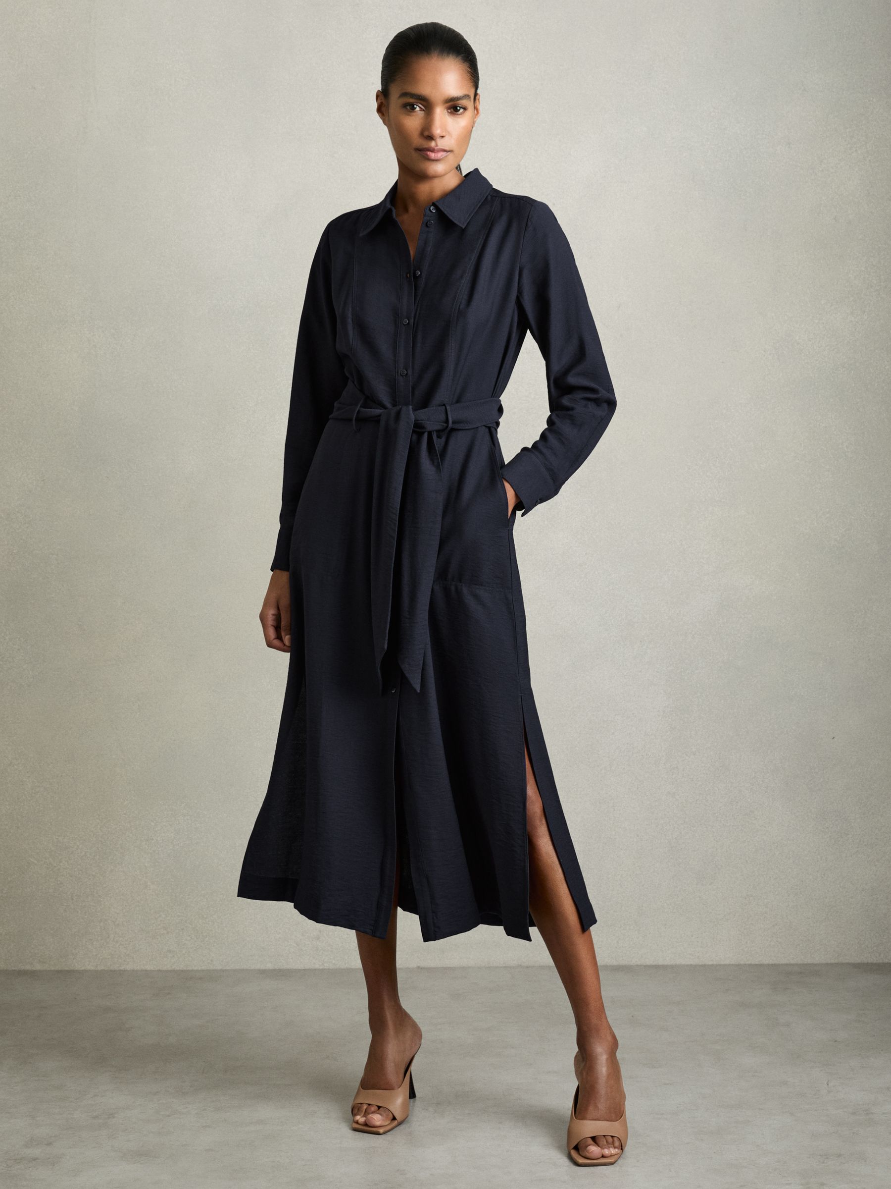 Long-Sleeve Belted Midi Dress in Navy