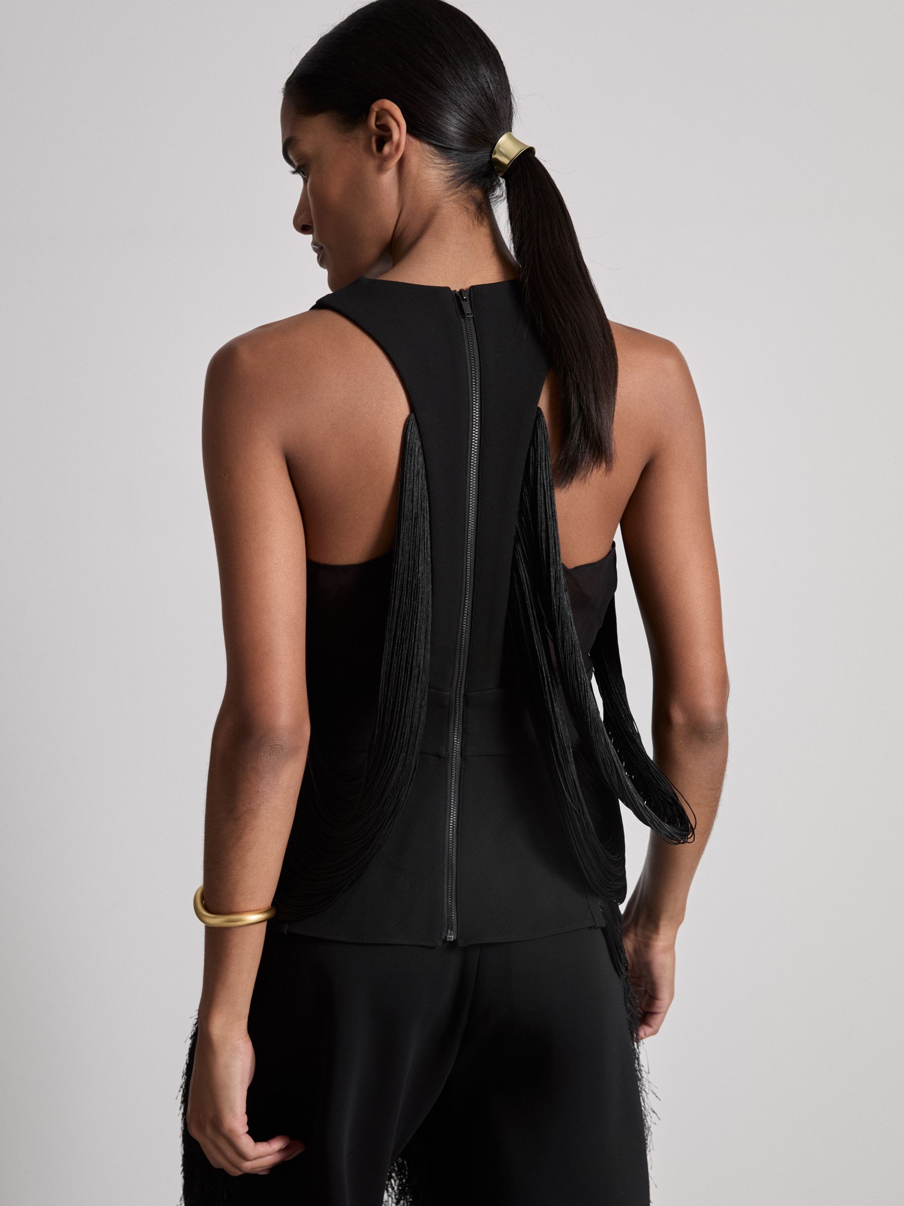 Atelier Draped Fringe Deep-V Top in Black