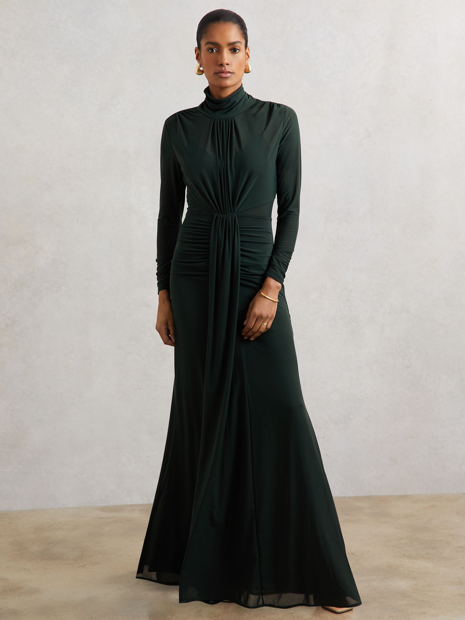 Ruched Long-Sleeve Maxi Dress in Dark Green