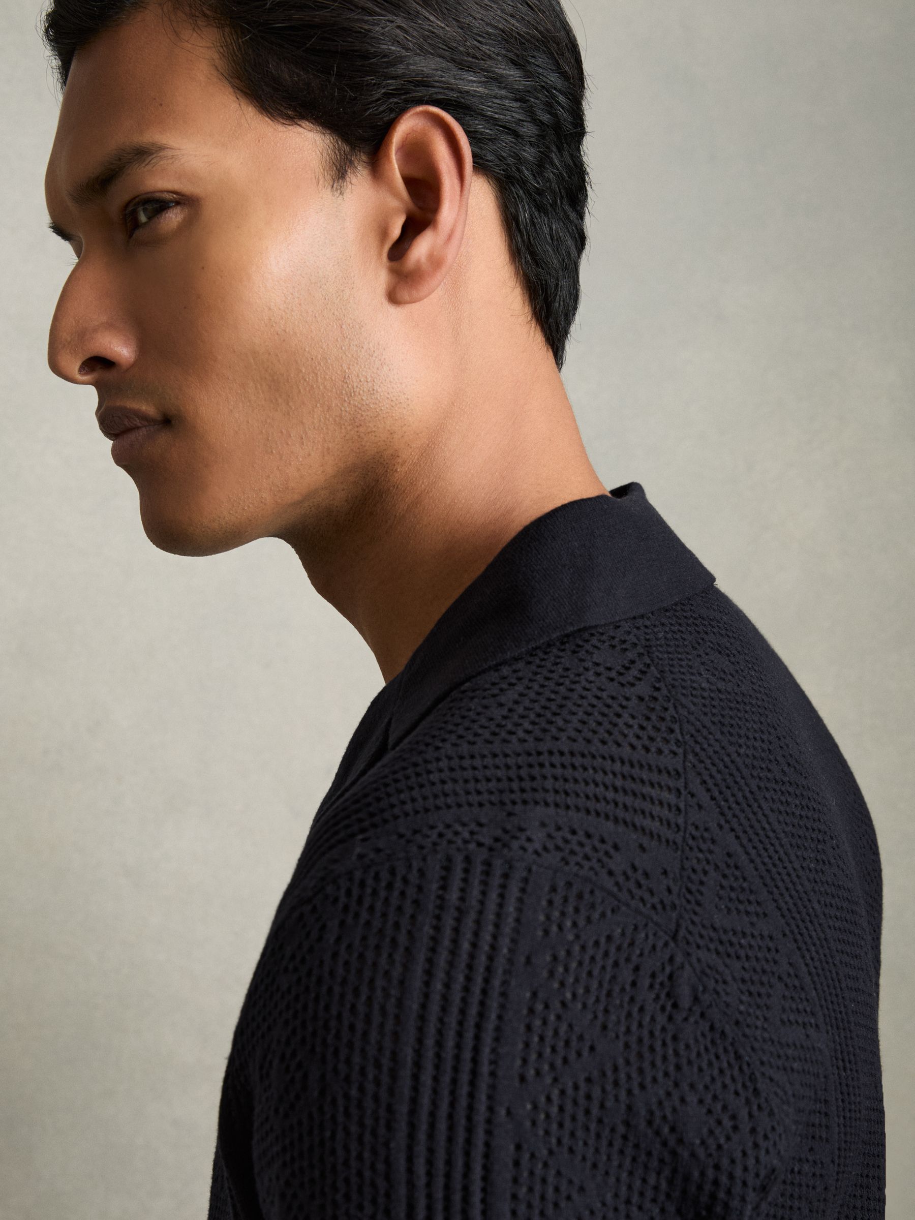 Textured-Knit Short-Sleeve Shirt in Navy