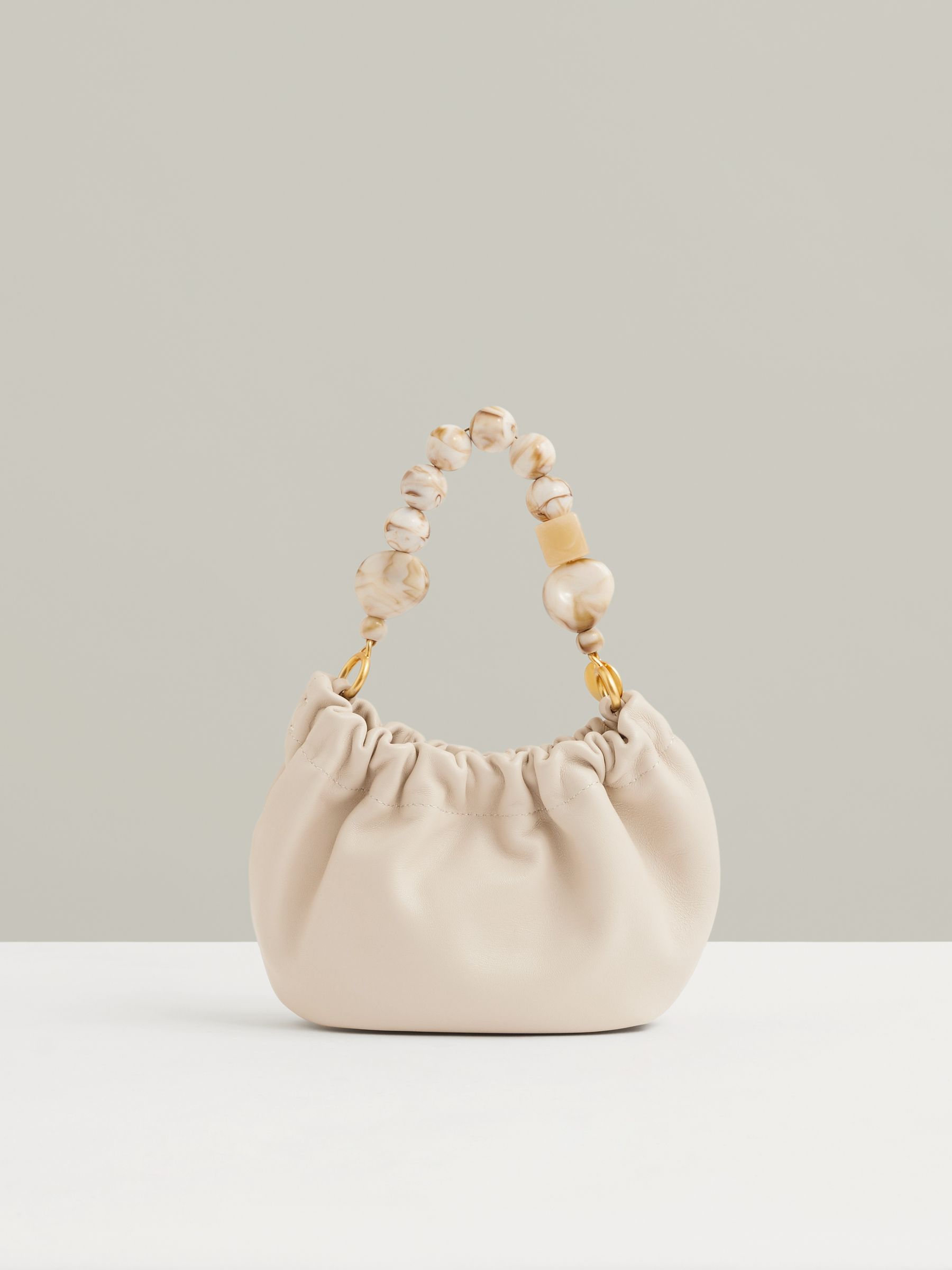 Leather Bead-Handle Pouch Bag in Off White