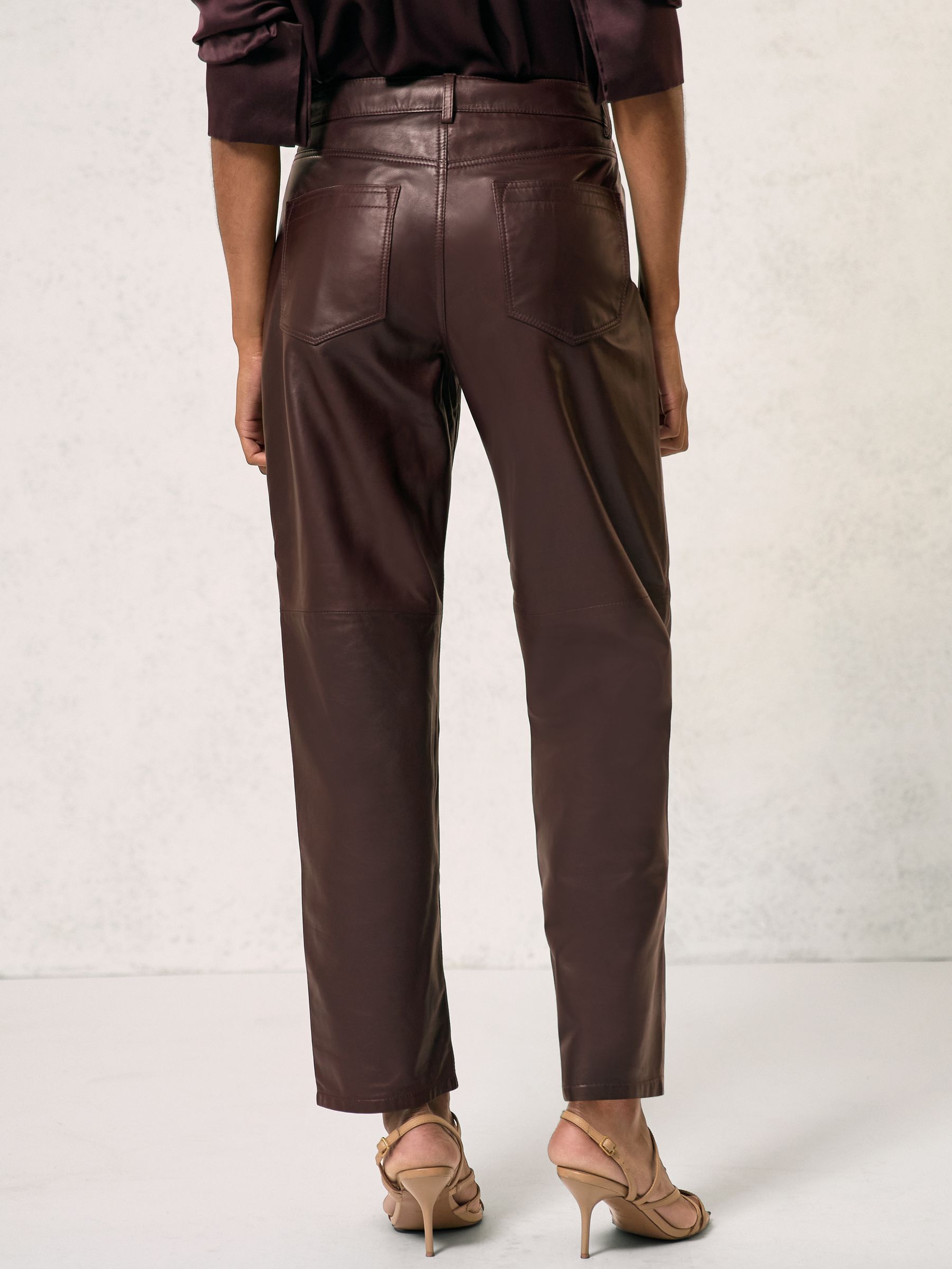 Petite Leather Slim-Leg Trousers in Oxblood Burgundy