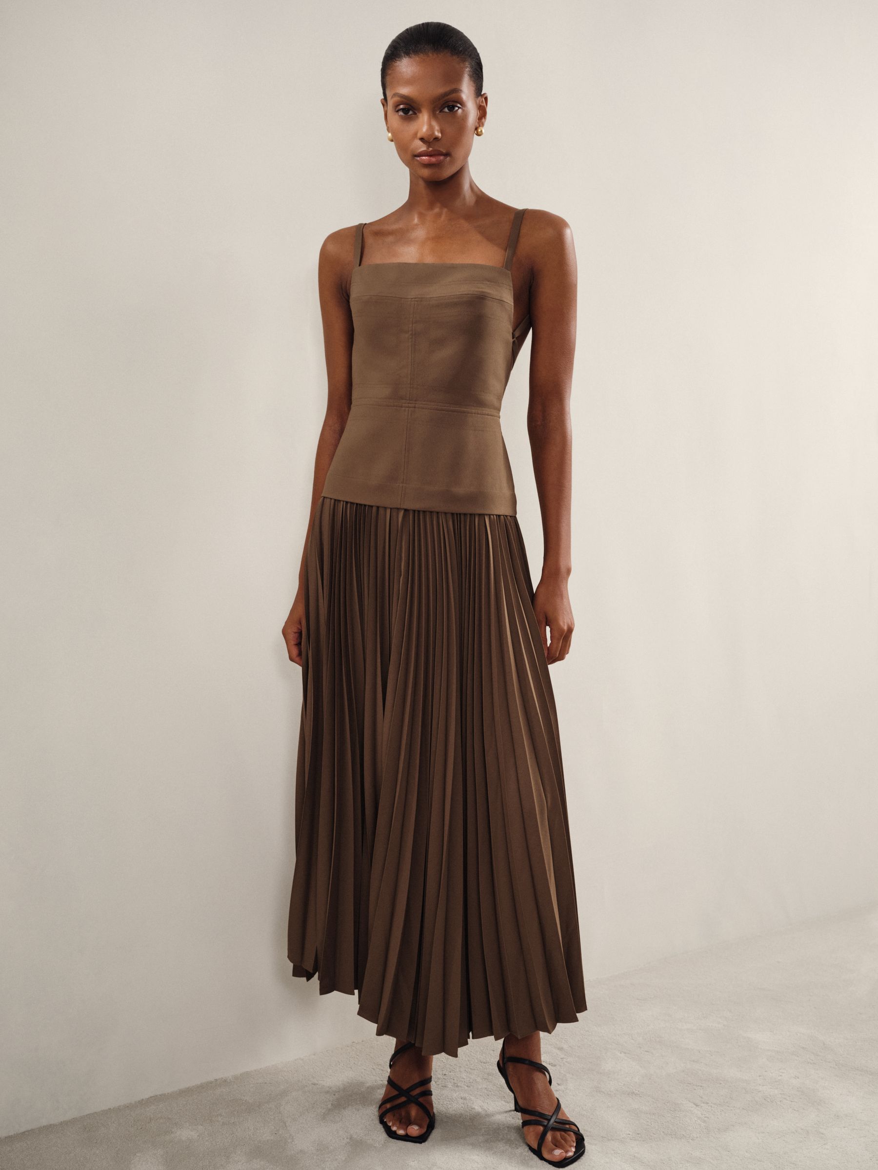 Acler Linen Blend Pleated Midi Brown Dress in Brown