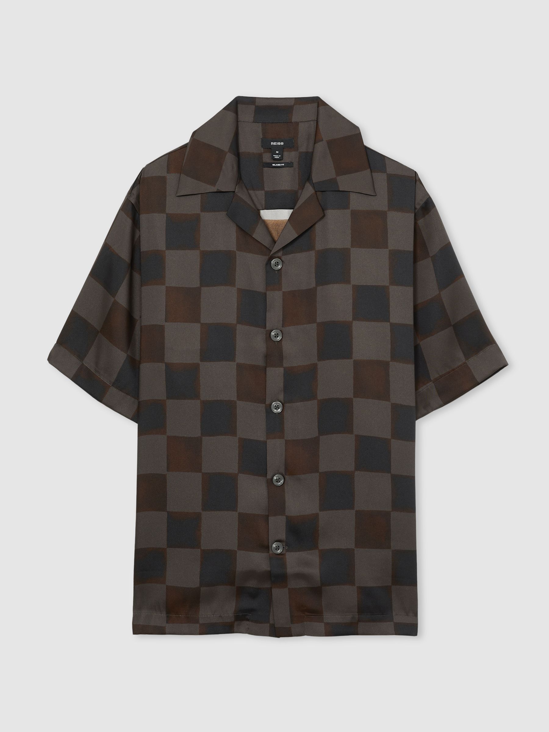 Chequered-Print Cuban-Collar Shirt in Brown