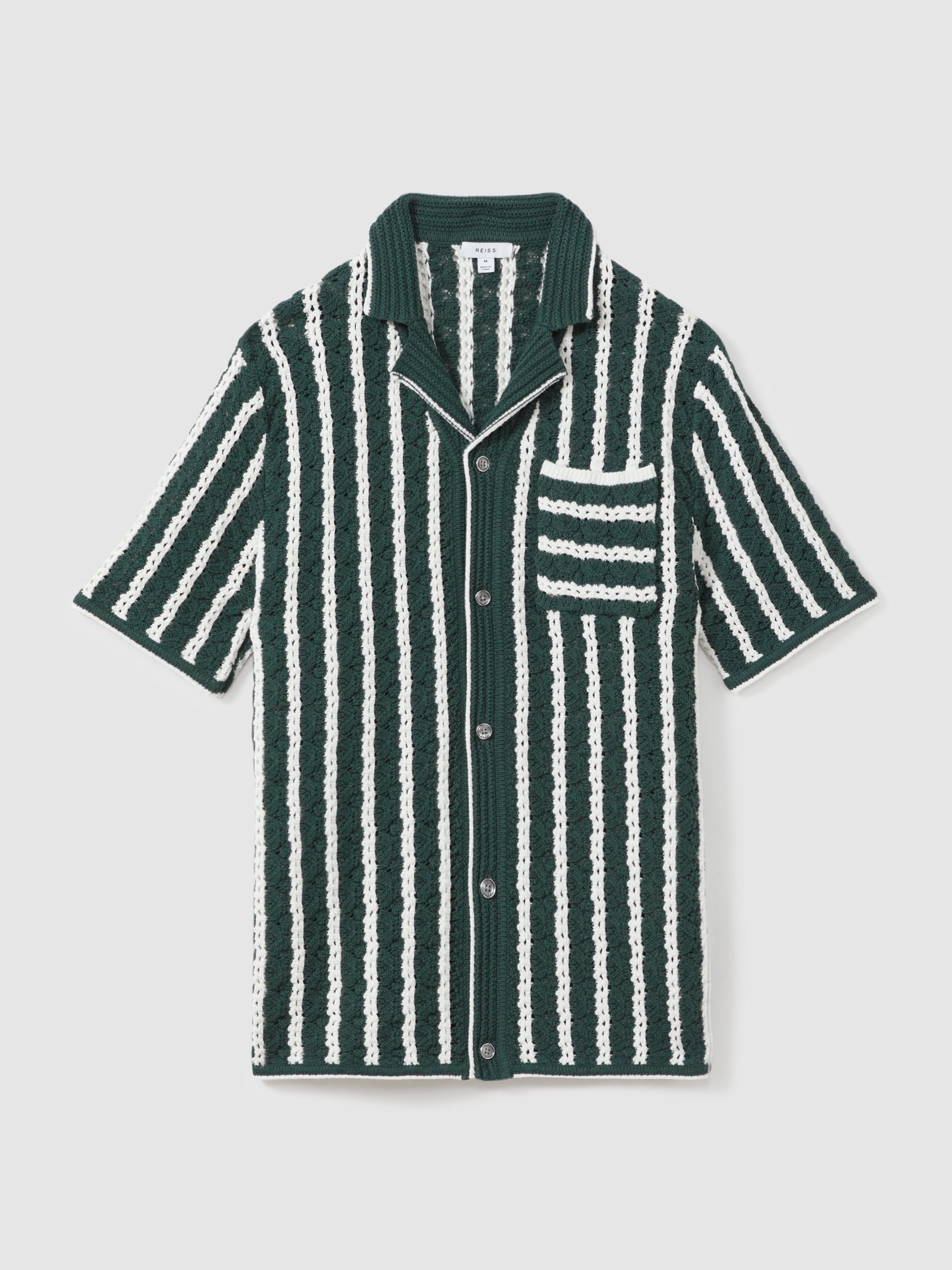 Oversized Crochet Striped Cuban Collar Shirt in Green/White