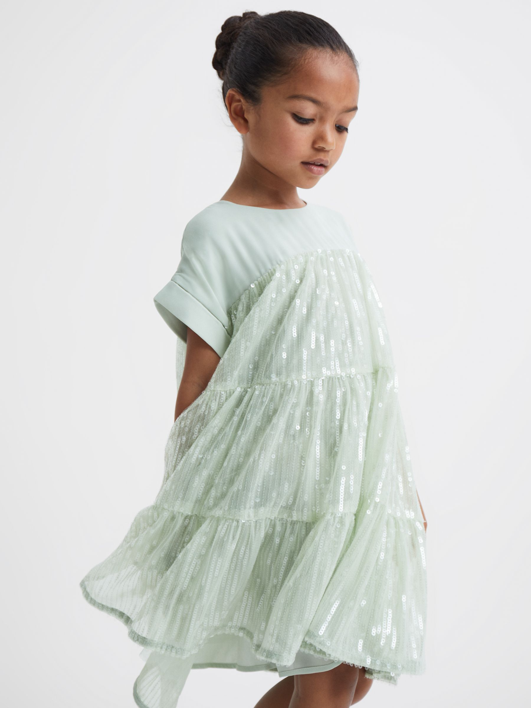 9-12 yrs Sequin Tiered Dress in Sage