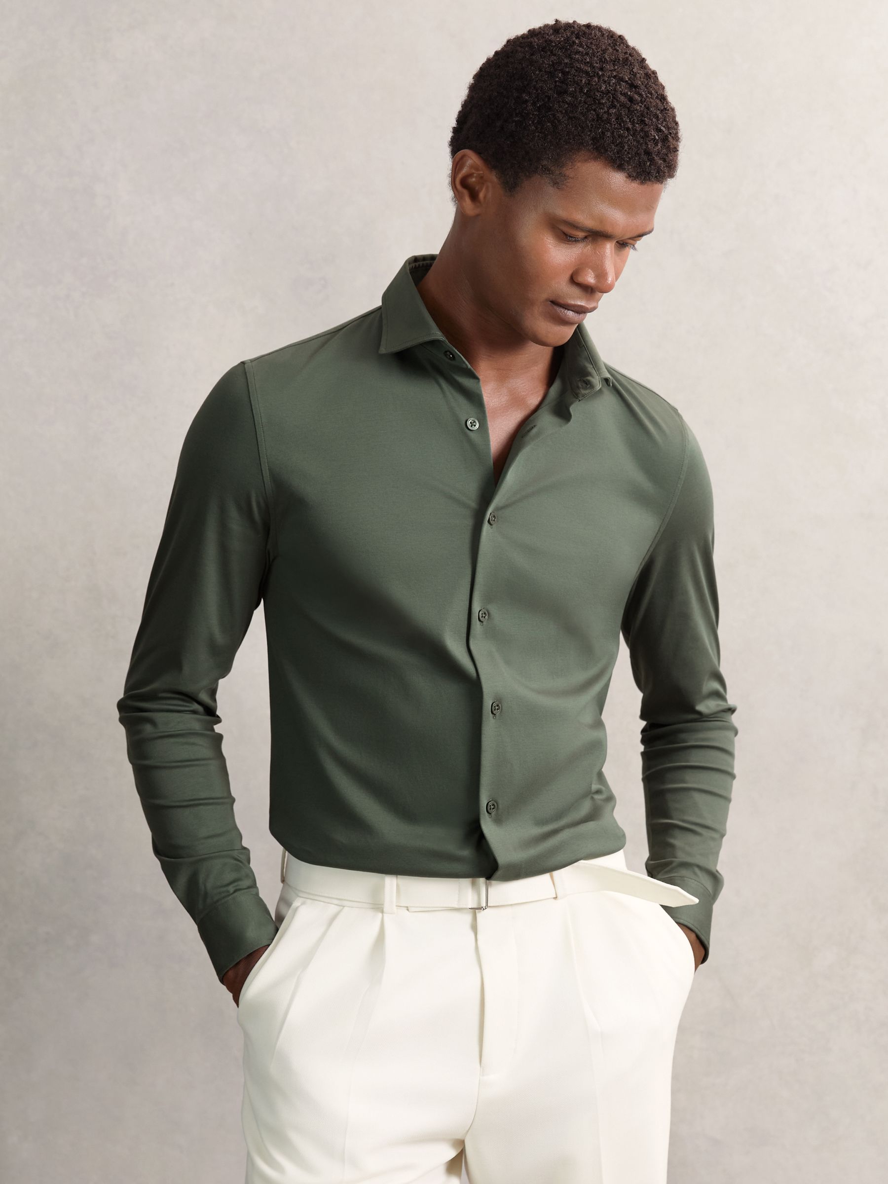 Air-Water Cotton Button-Through Shirt in Kale Green