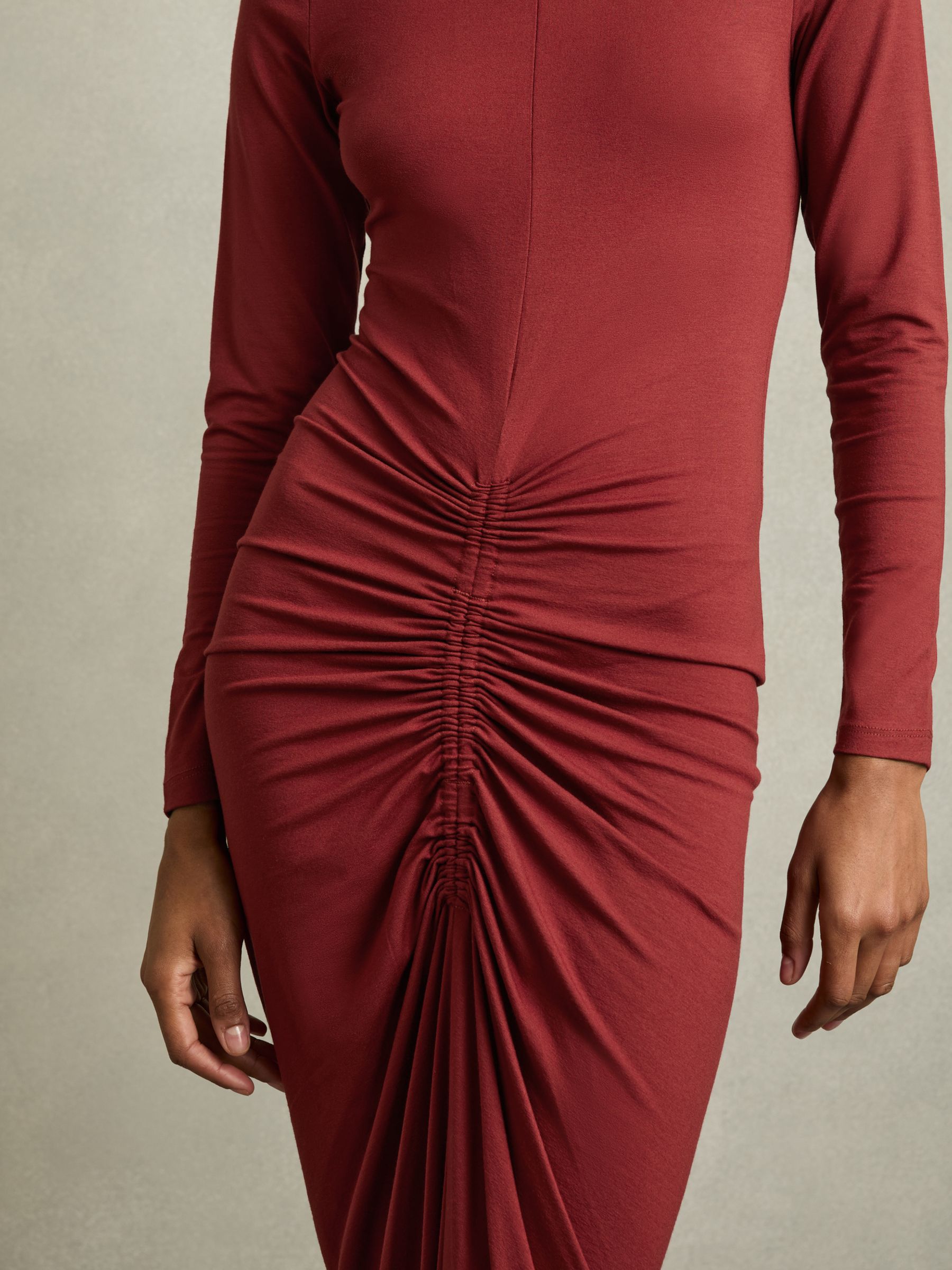 Ruched Jersey Midi Dress in Burgundy