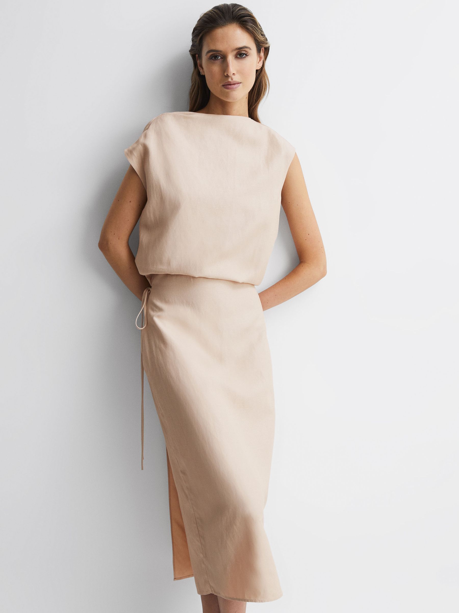 Premium Linen Blend Open-Back Midi Dress in Nude