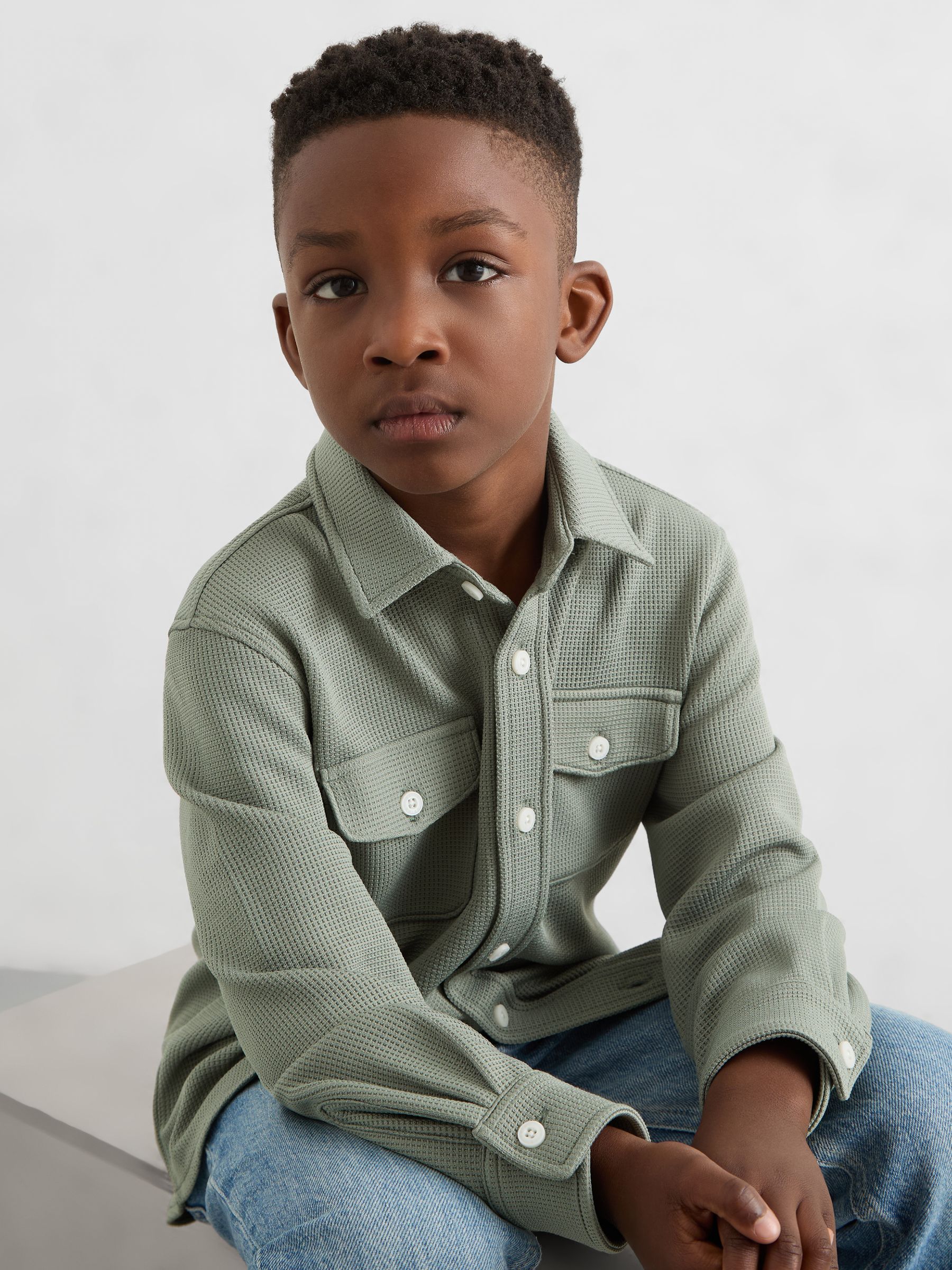 9-13 yrs Waffle-Textured Twin-Pocket Overshirt in Sage