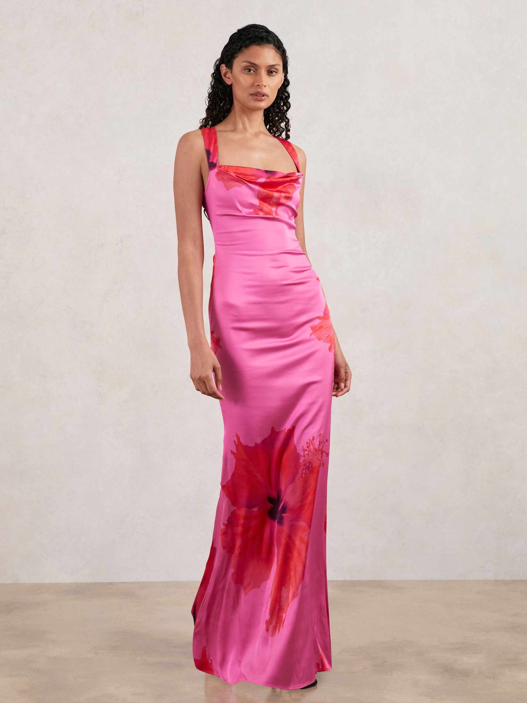 Good American Satin Floral Maxi Dress in Pink