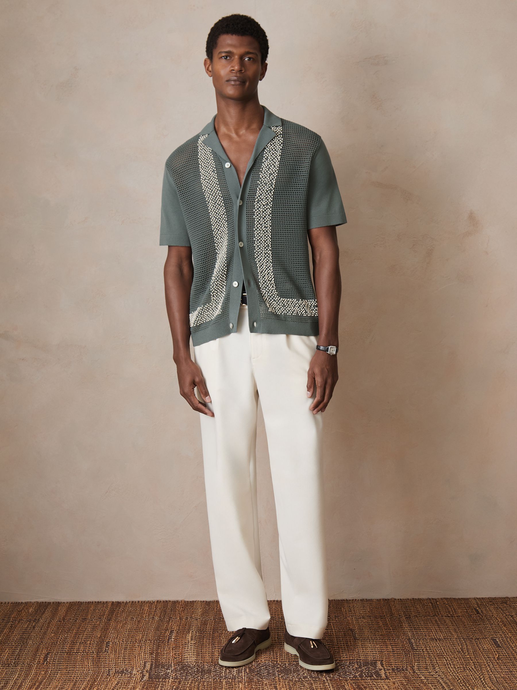 Reiss | Ché Beaded Crochet Shirt in Sage