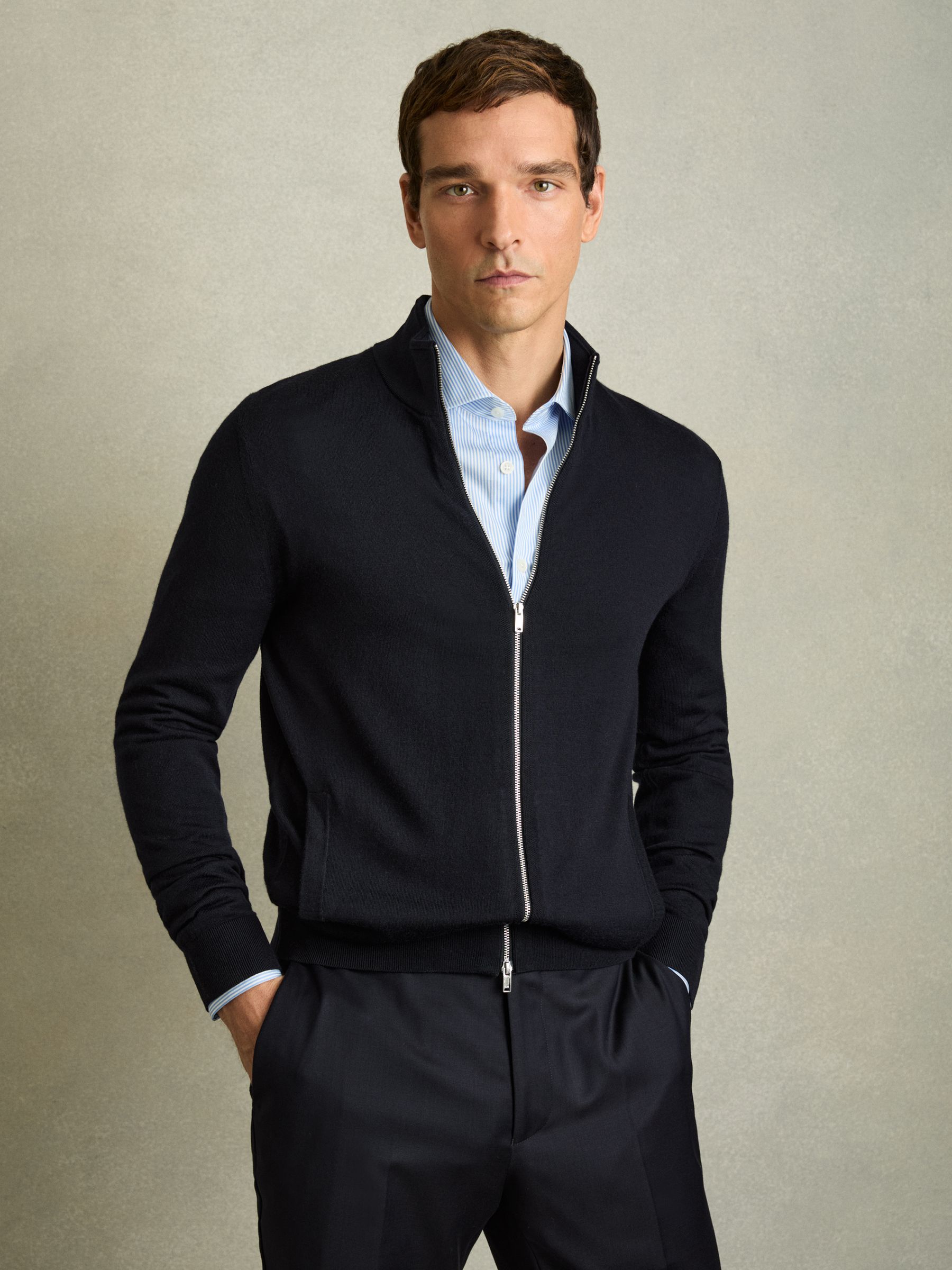 Merino Wool Zip-Through Cardigan in Navy