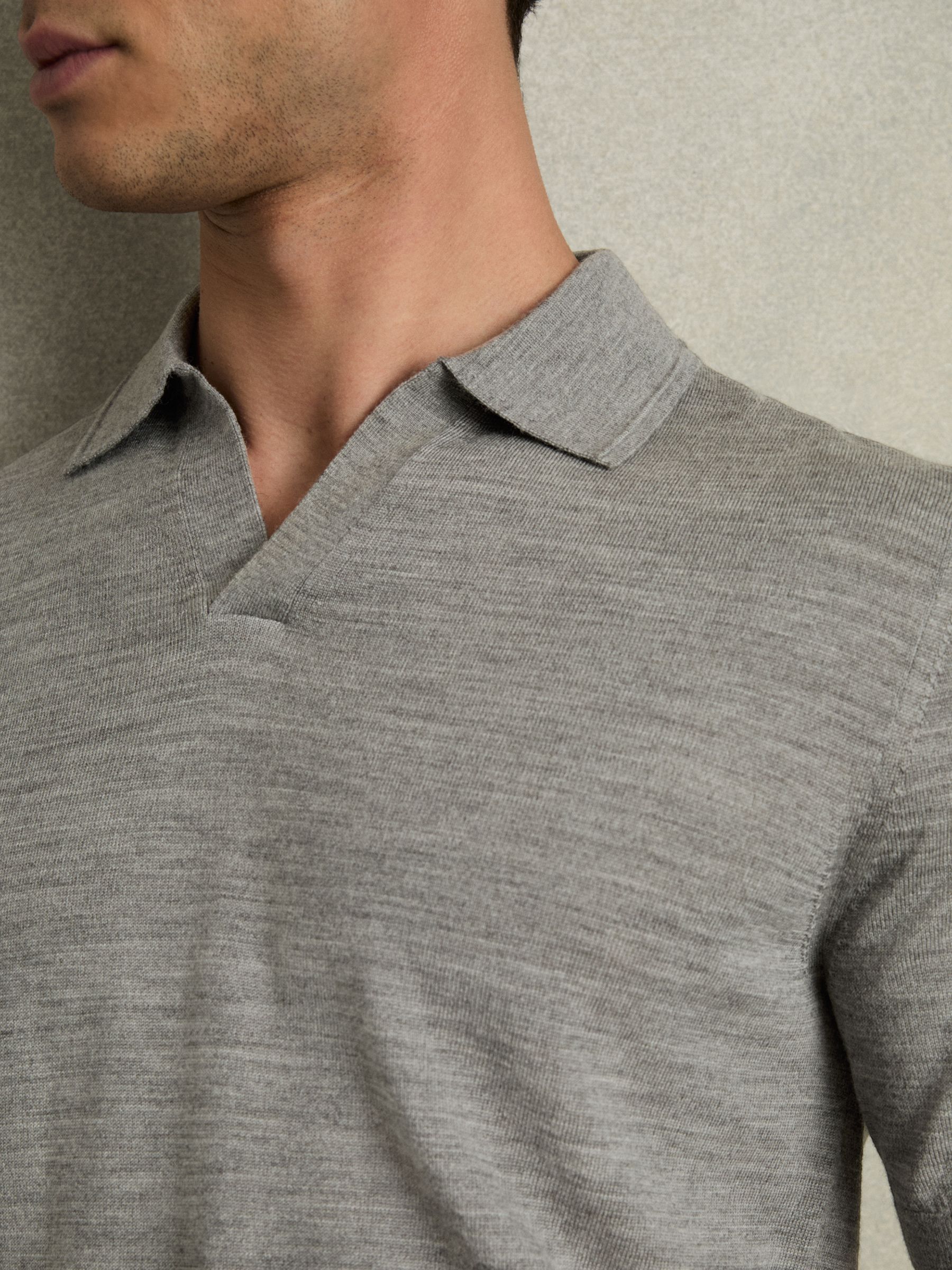 Merino Wool Open Collar Polo Shirt in Warm Grey Melange