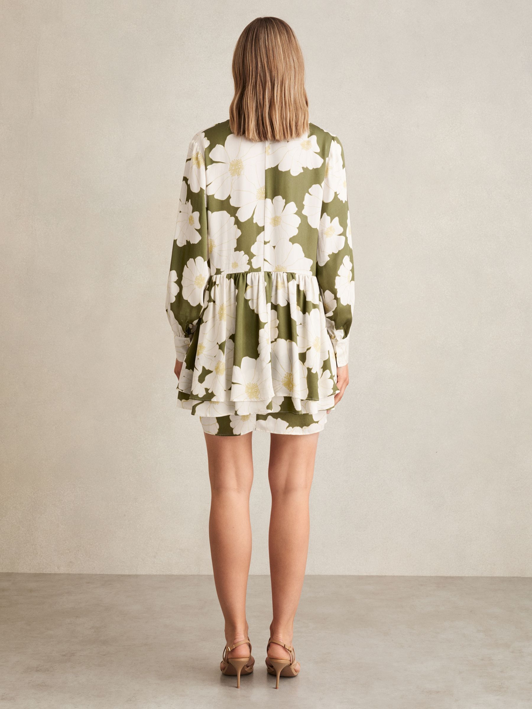 Floral Tie-Neck Swing Dress in Ivory/Green