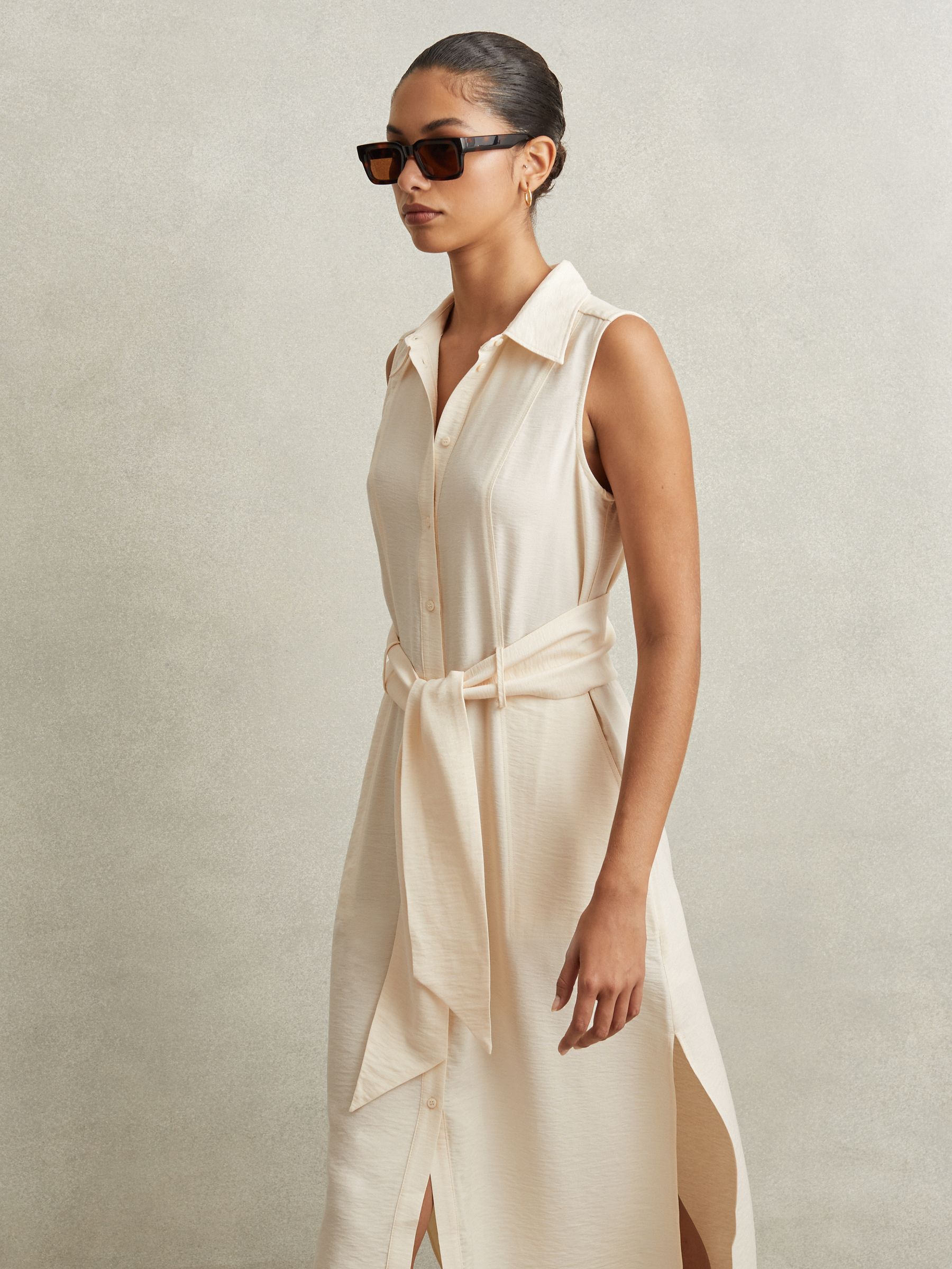Viscose Blend Belted Shirt Dress in Cream