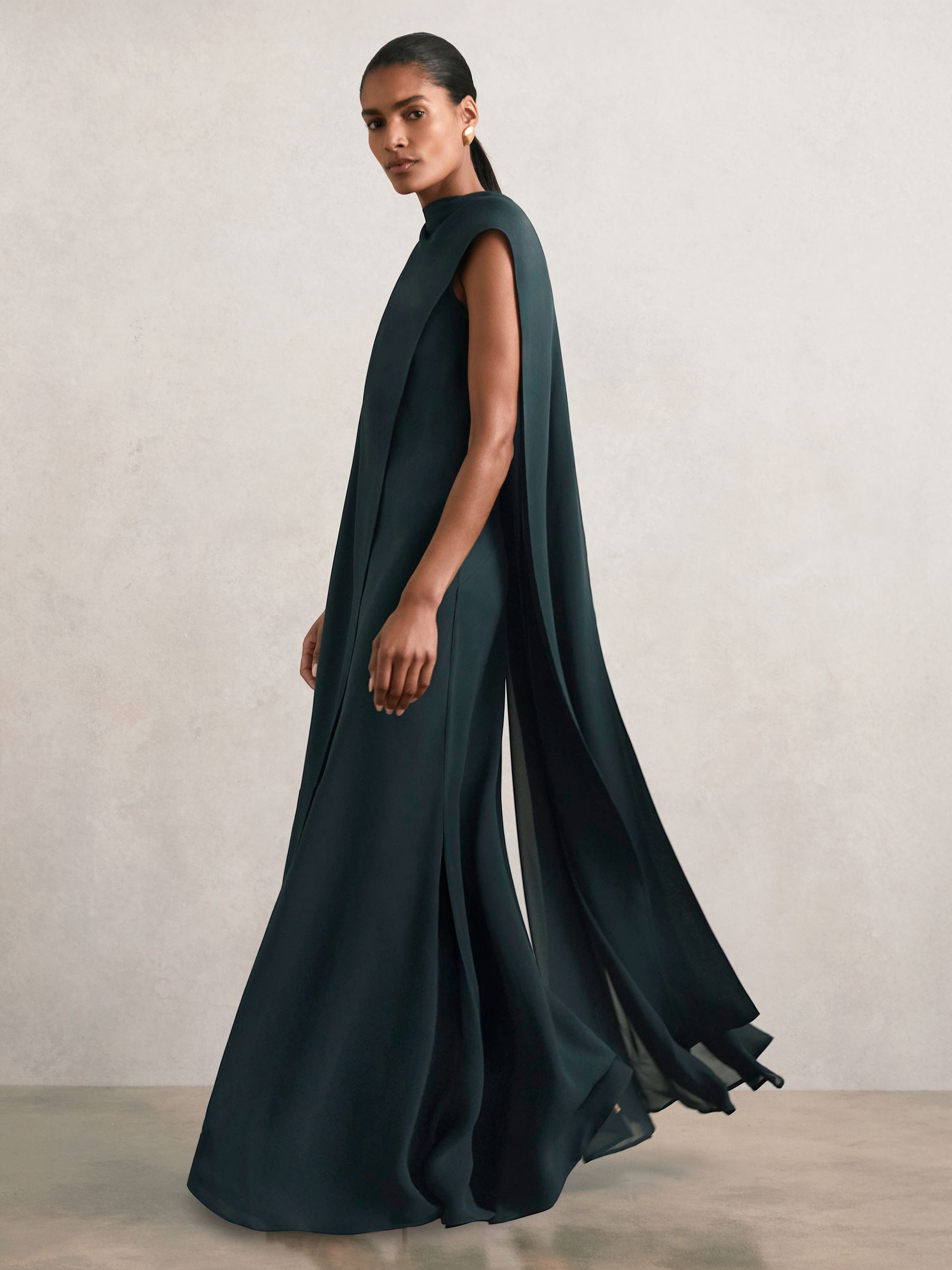 Crepe Cape Maxi Dress in Teal Green