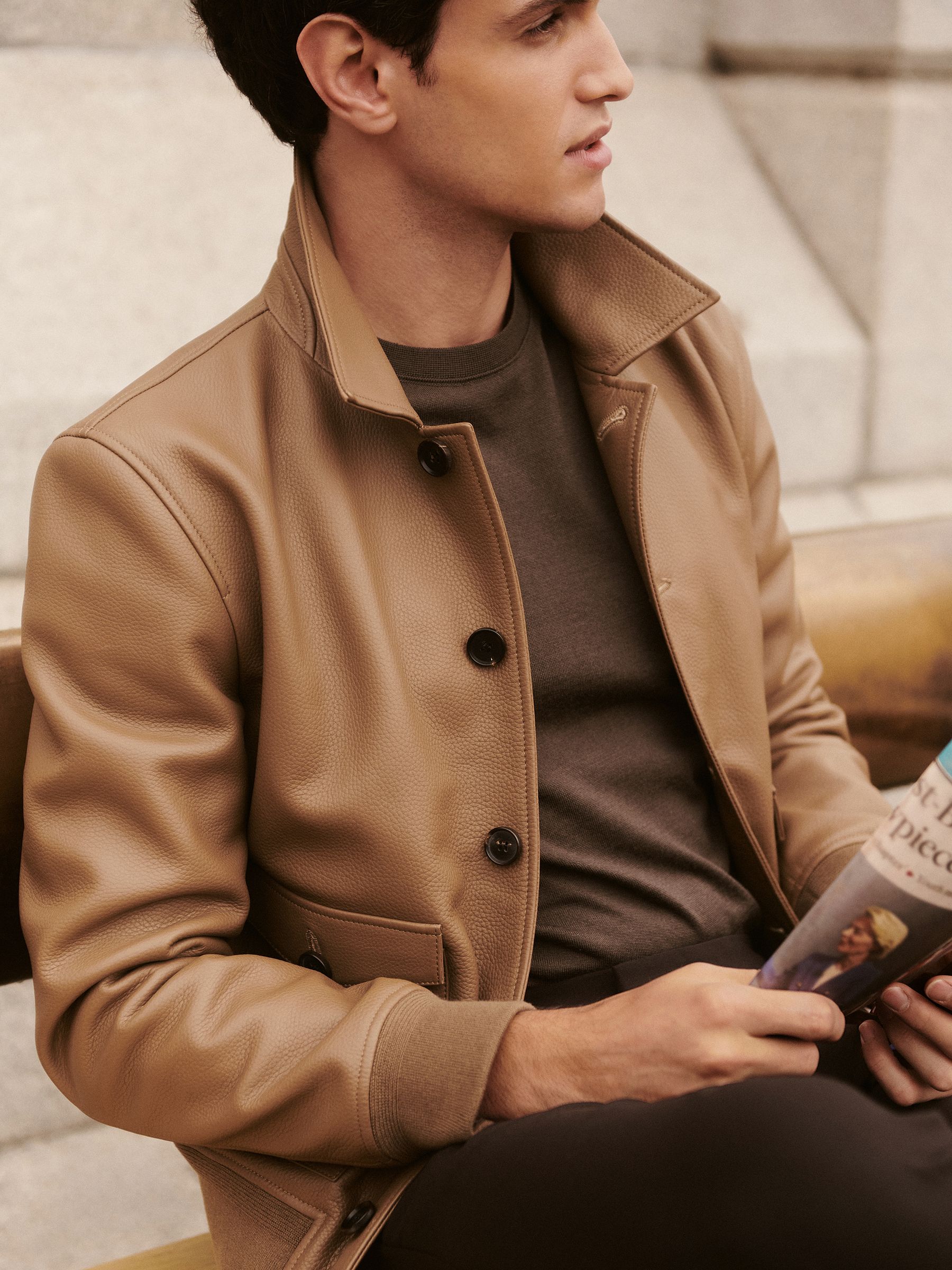 Tumbled-Leather Harrington Jacket in Tan Brown