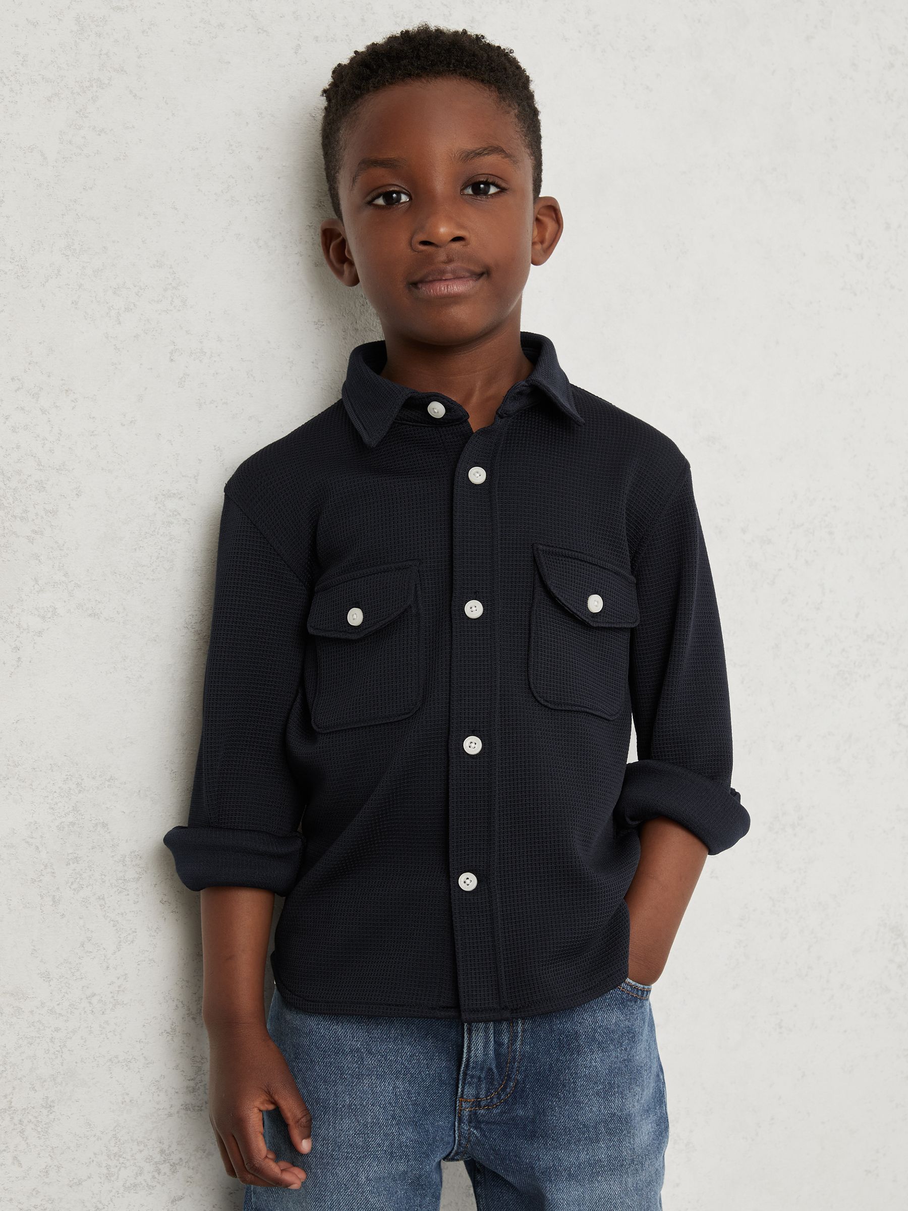 13-14 yrs Waffle-Textured Twin-Pocket Overshirt in Navy