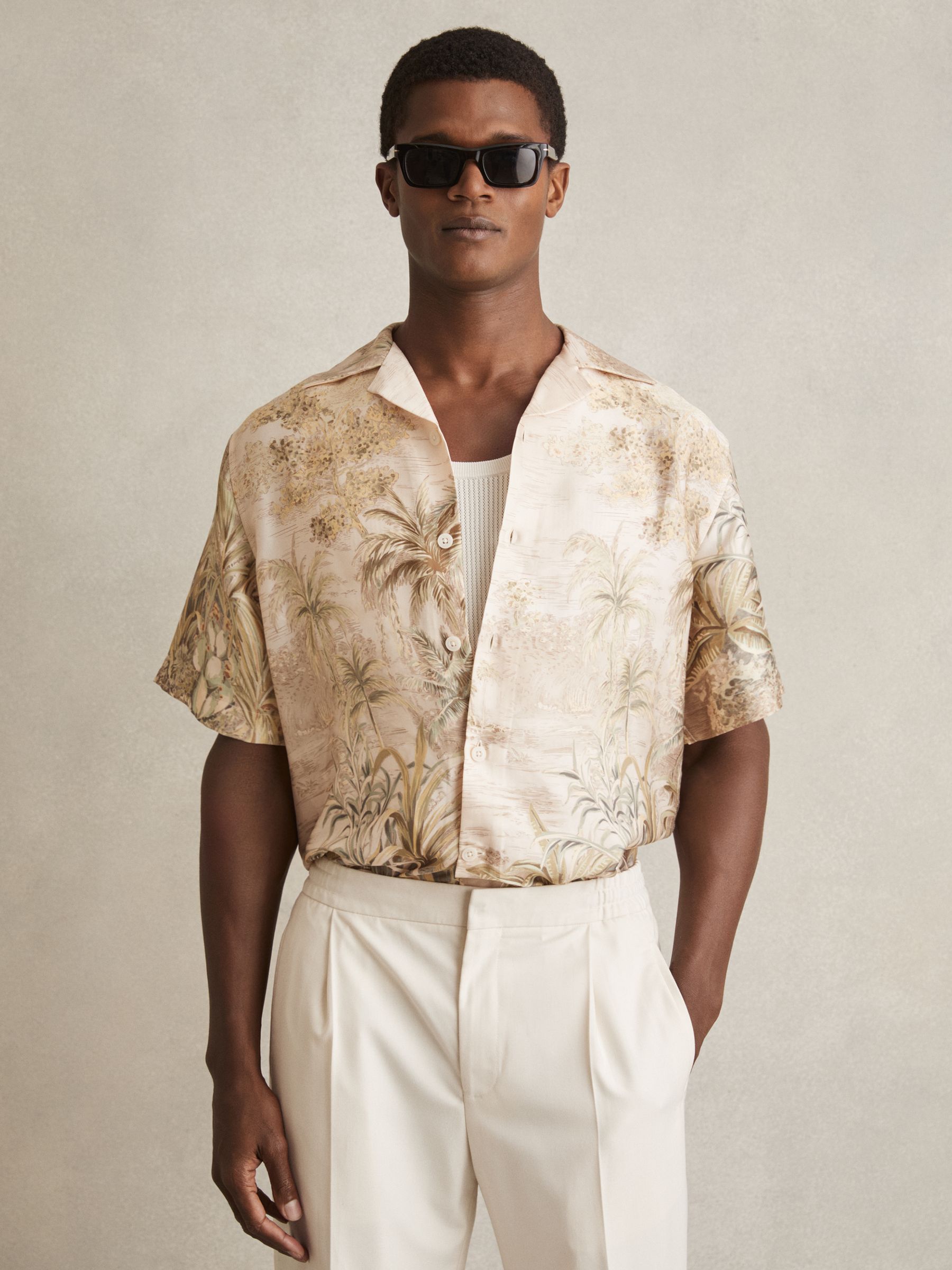 Jungle Print Cuban-Collar Shirt in Soft Sage Green