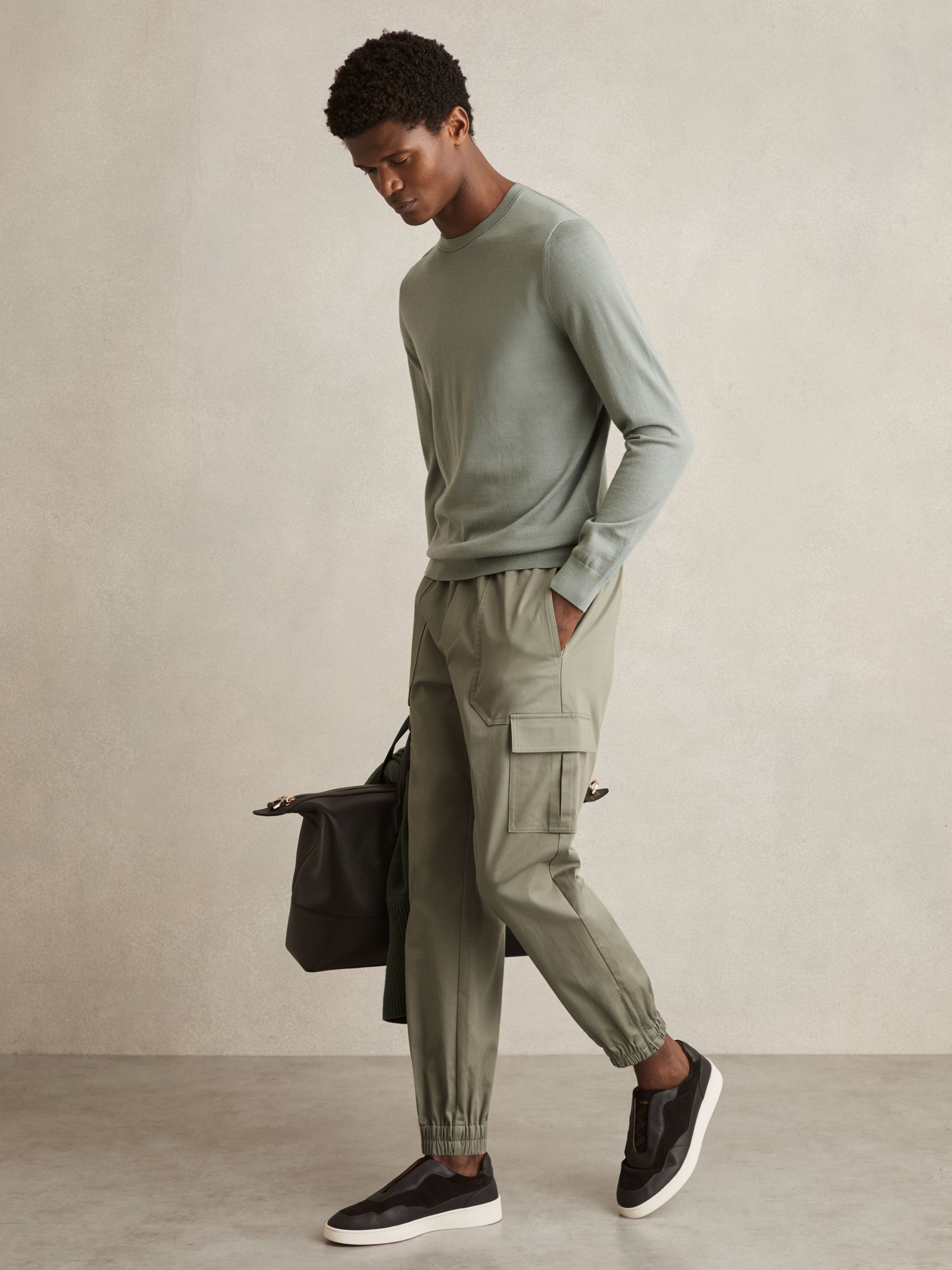 Cotton Drawstring Cargo Trousers in Washed Khaki Green
