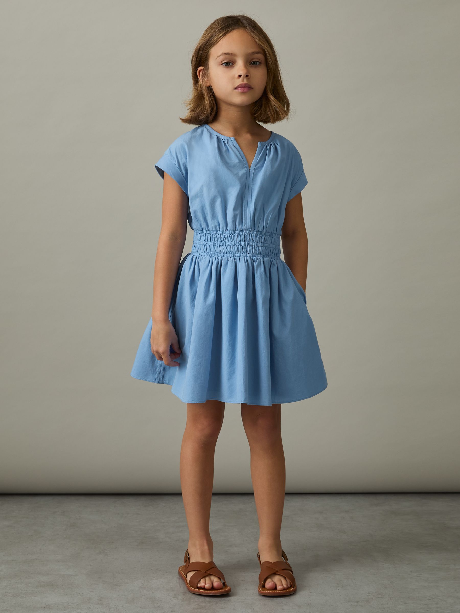 13-14 yrs Cotton Cap-Sleeve Ruched Dress in Blue