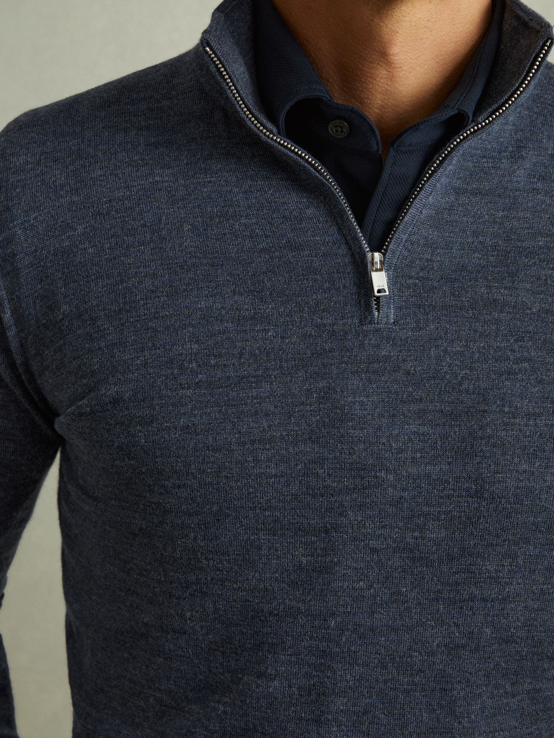 Merino Wool Half-Zip Funnel Neck Jumper in Dark Airforce Blue Melange