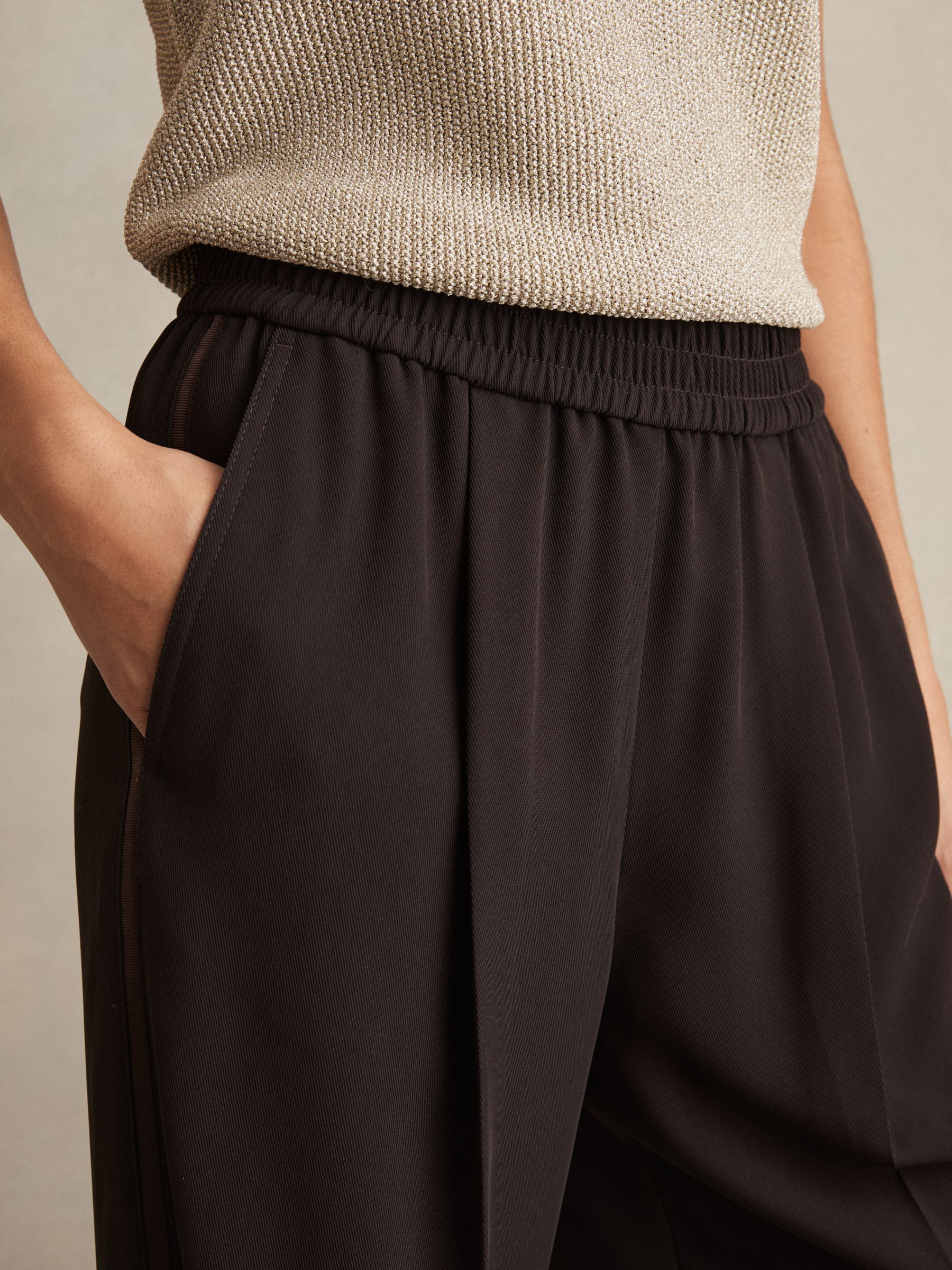 Elasticated Side Stripe Wide Leg Trousers in Chocolate Brown