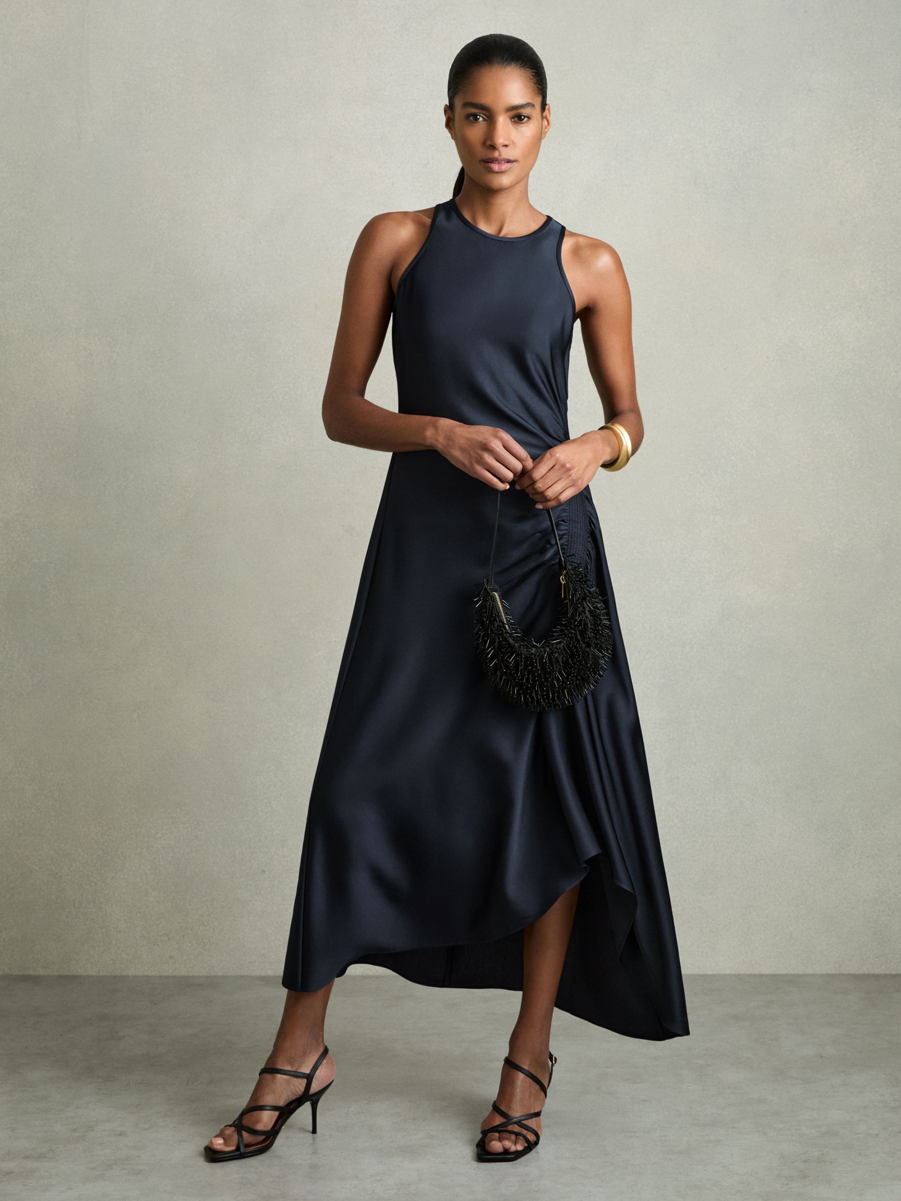 Satin Shirred Midi Dress in Navy