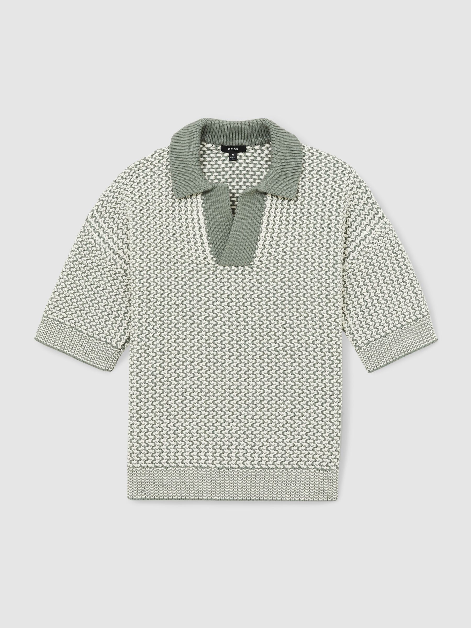 Chunky-Knit Open-Collar Polo Shirt in Sage/Off White