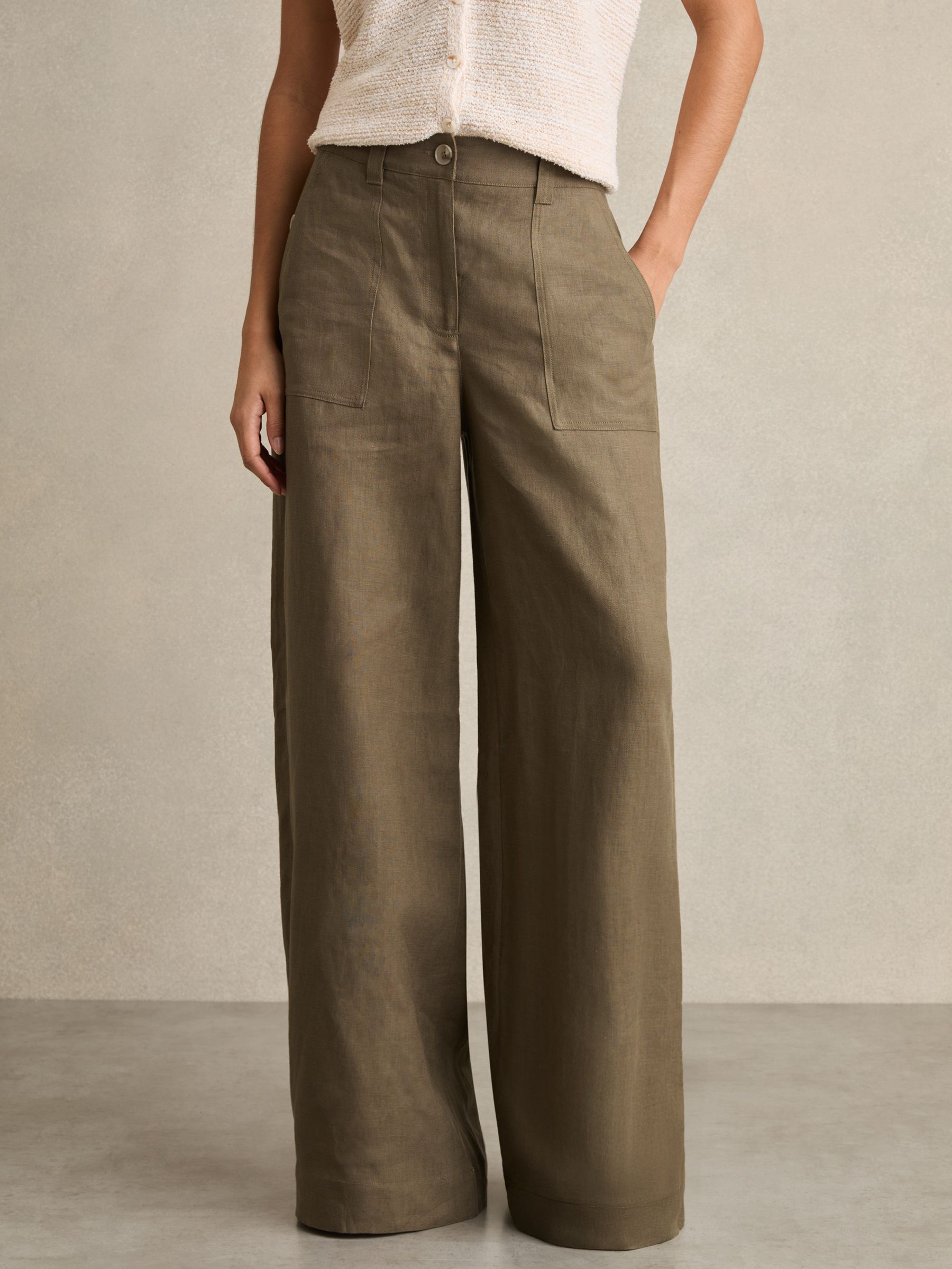 Petite Linen Wide Leg Trousers in Khaki
