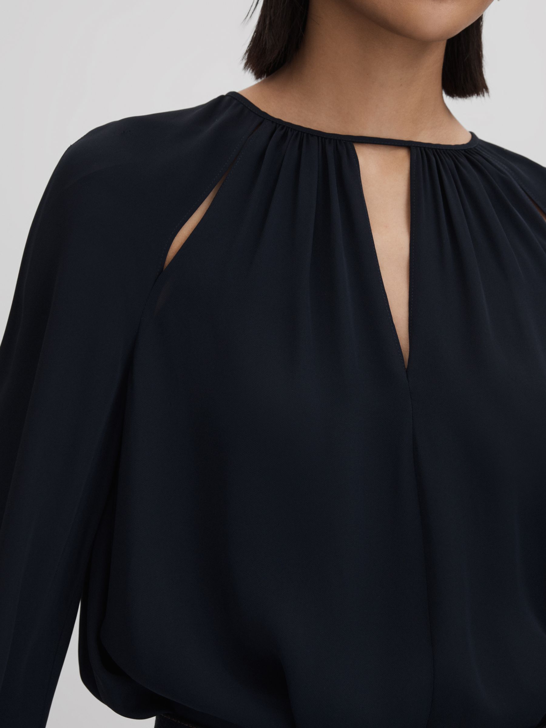 Cut-Out Flute Sleeve Blouse in Navy