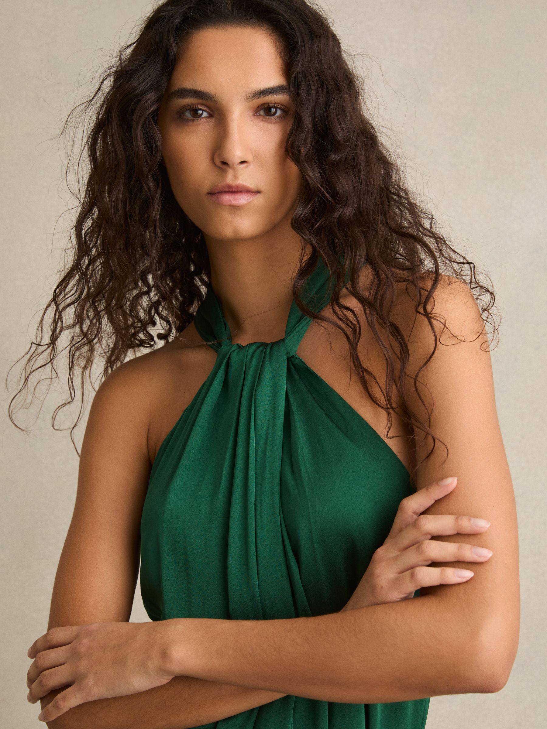 Satin Wide-Leg Draped Jumpsuit in Green
