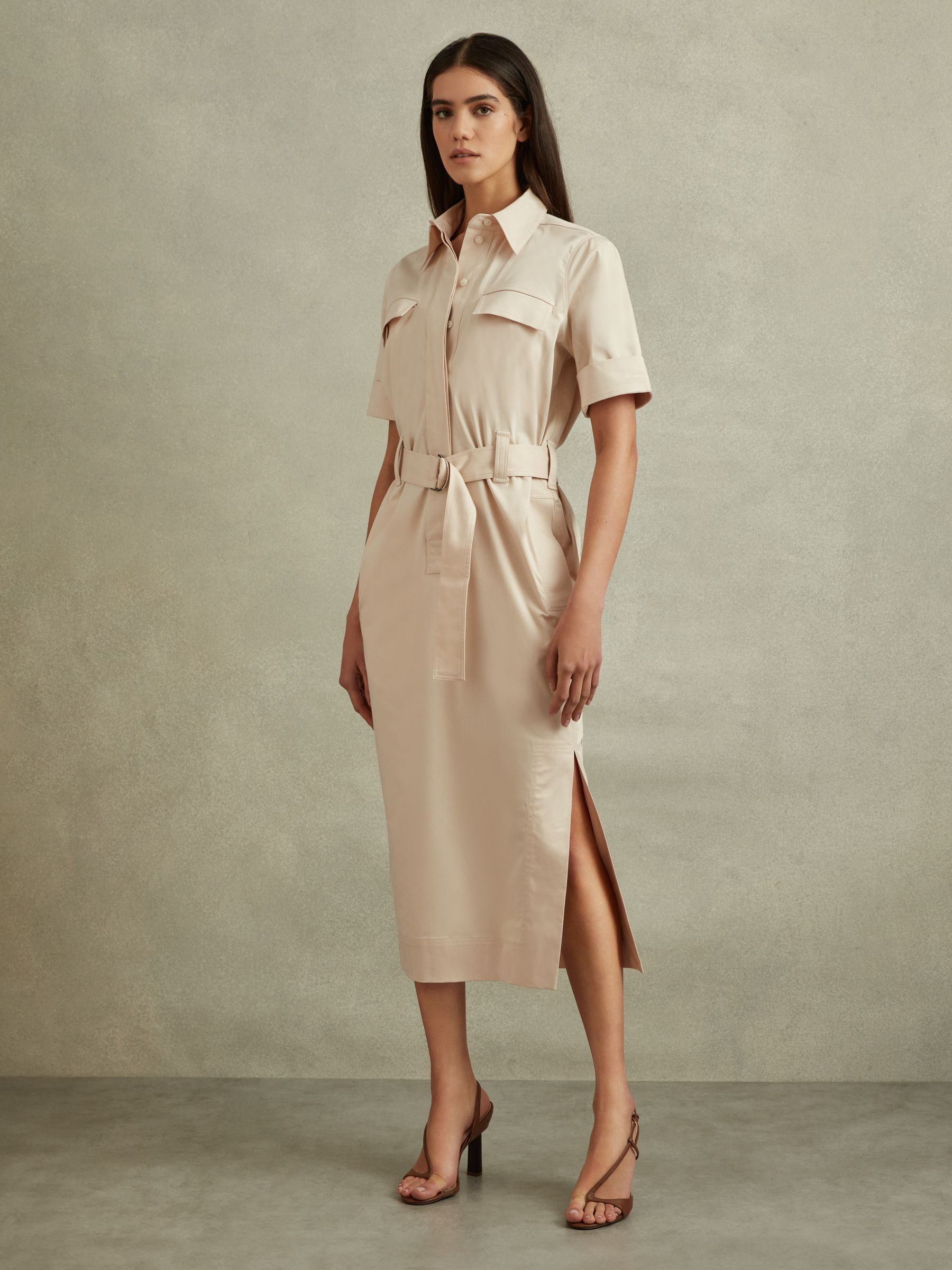 Cotton Blend Utility Belted Midi Dress in Stone