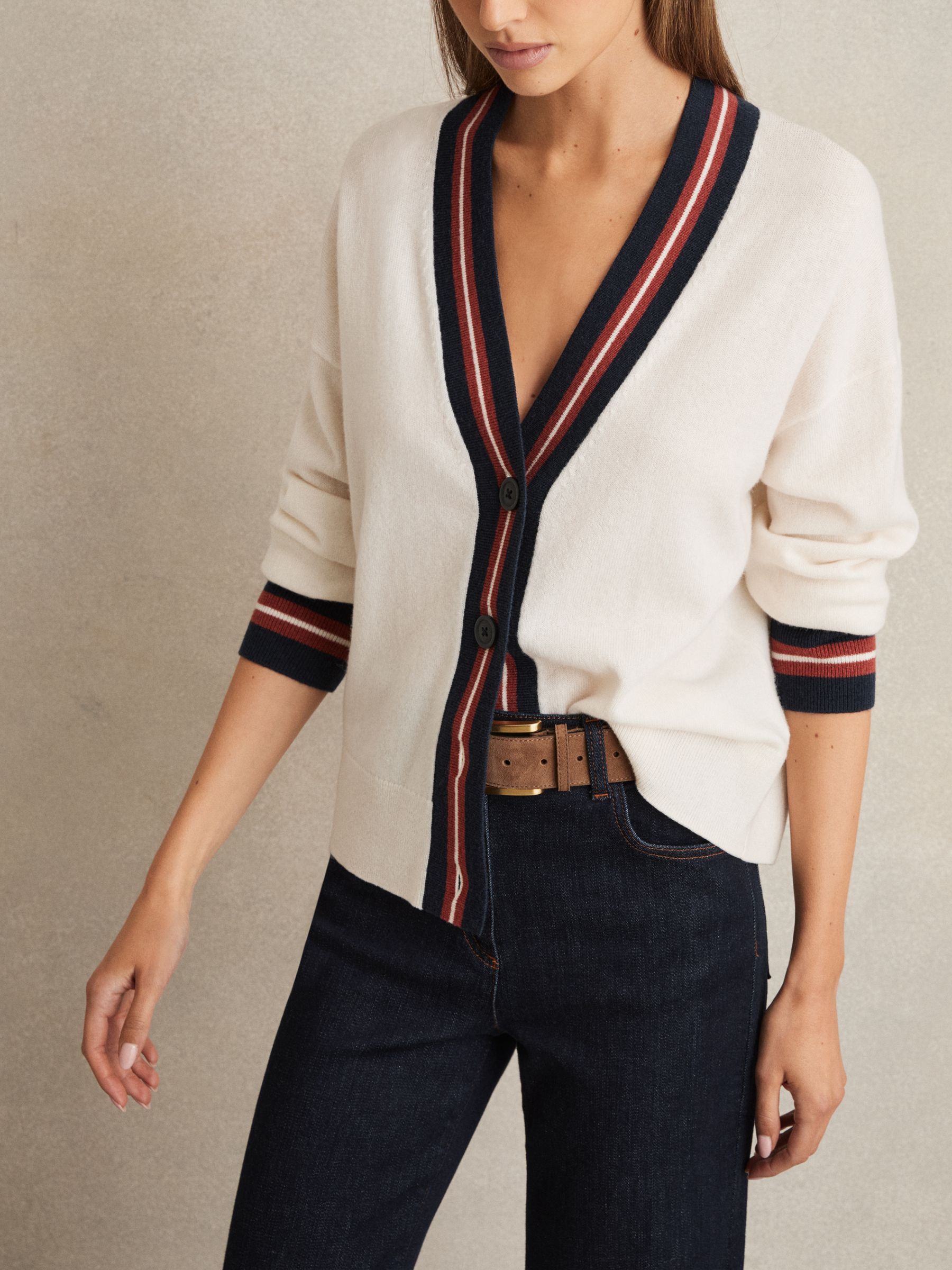 Wool-Cashmere Stripe-Trim Cardigan in White