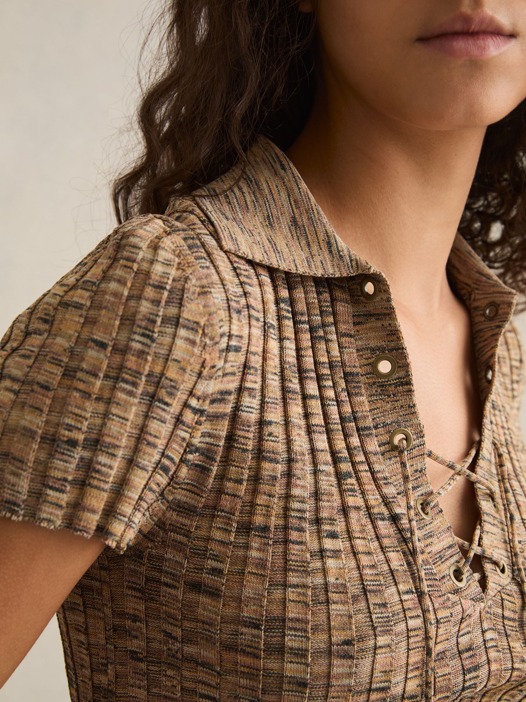 Lace Up Rib Knit Top in Camel Marl